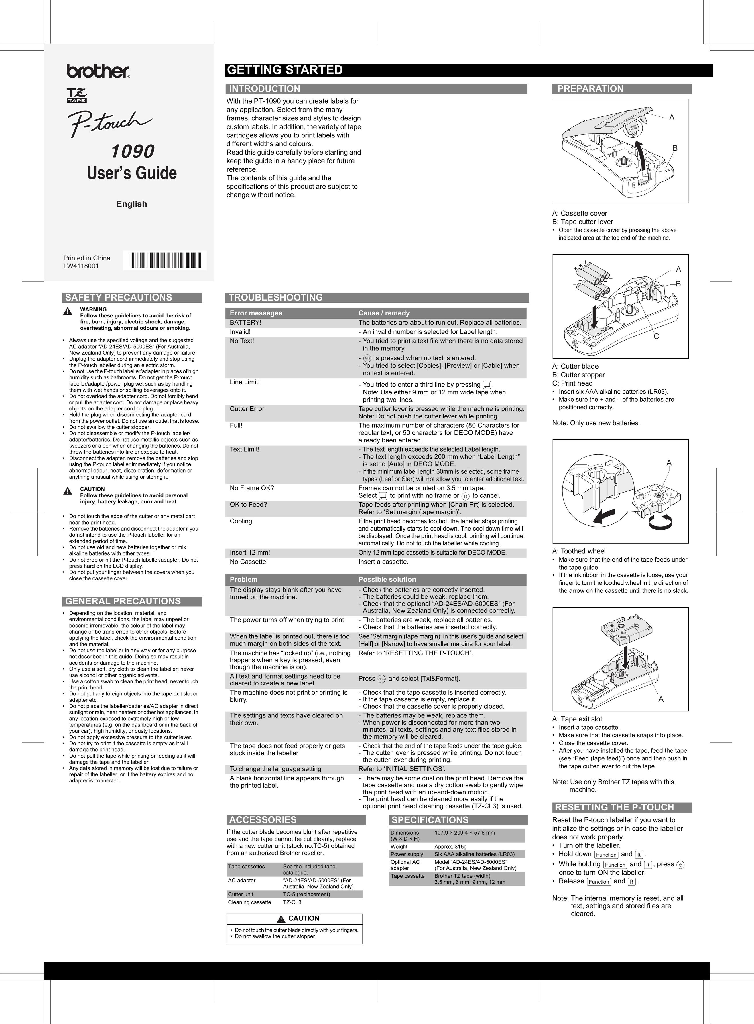 Brother PT-1090 Label Maker User Manual