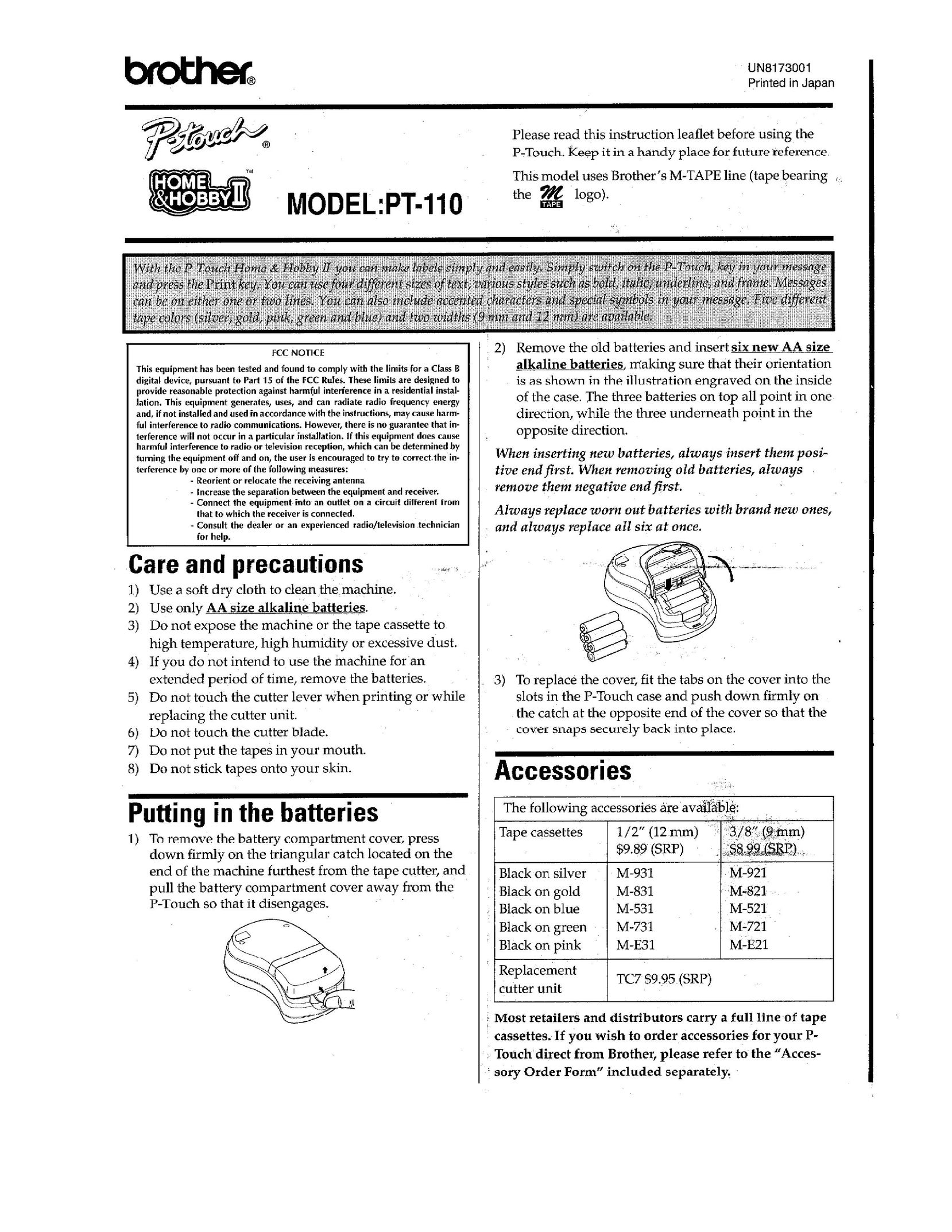 Brother PT-110 Label Maker User Manual