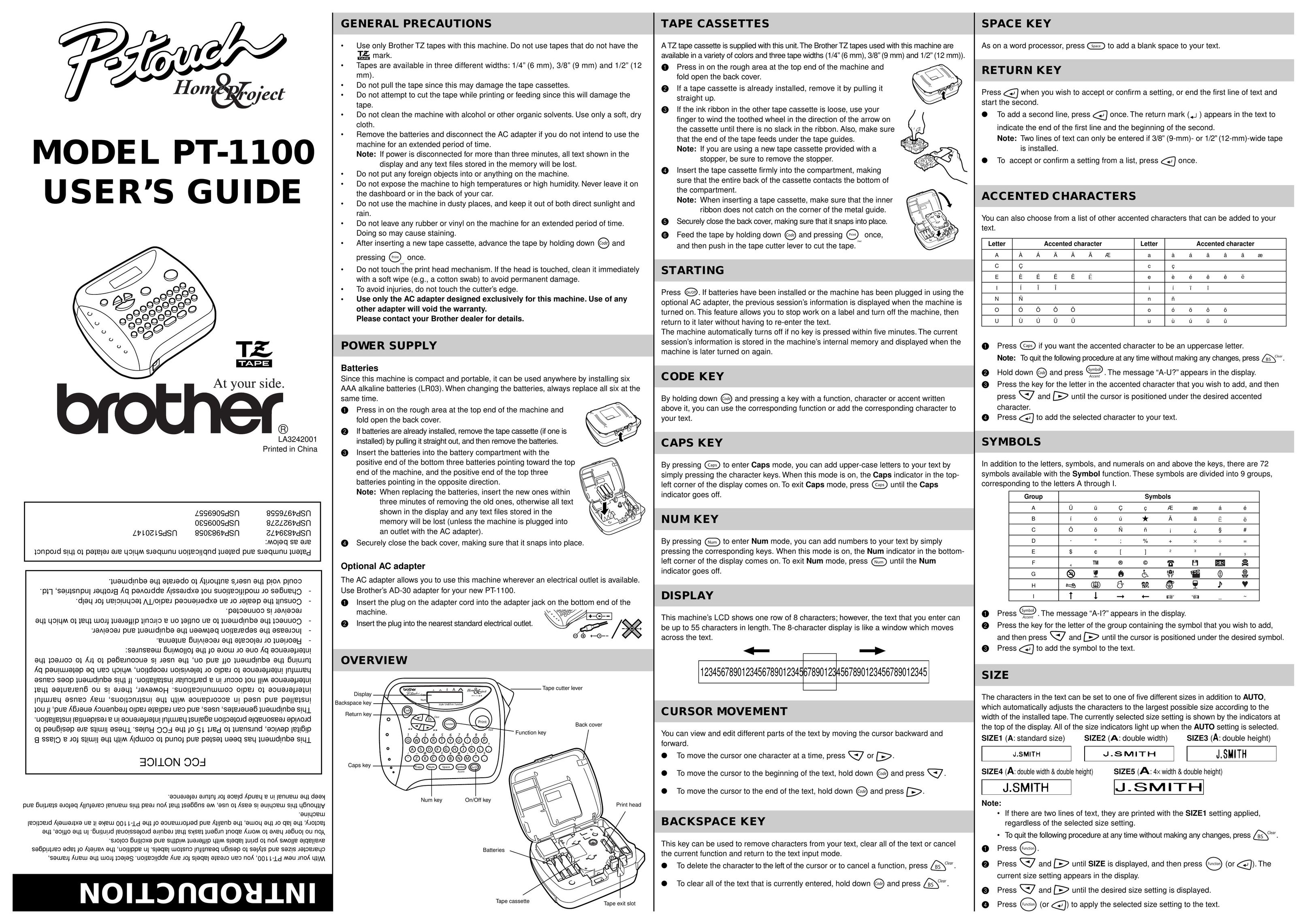 Brother PT-1100 Label Maker User Manual