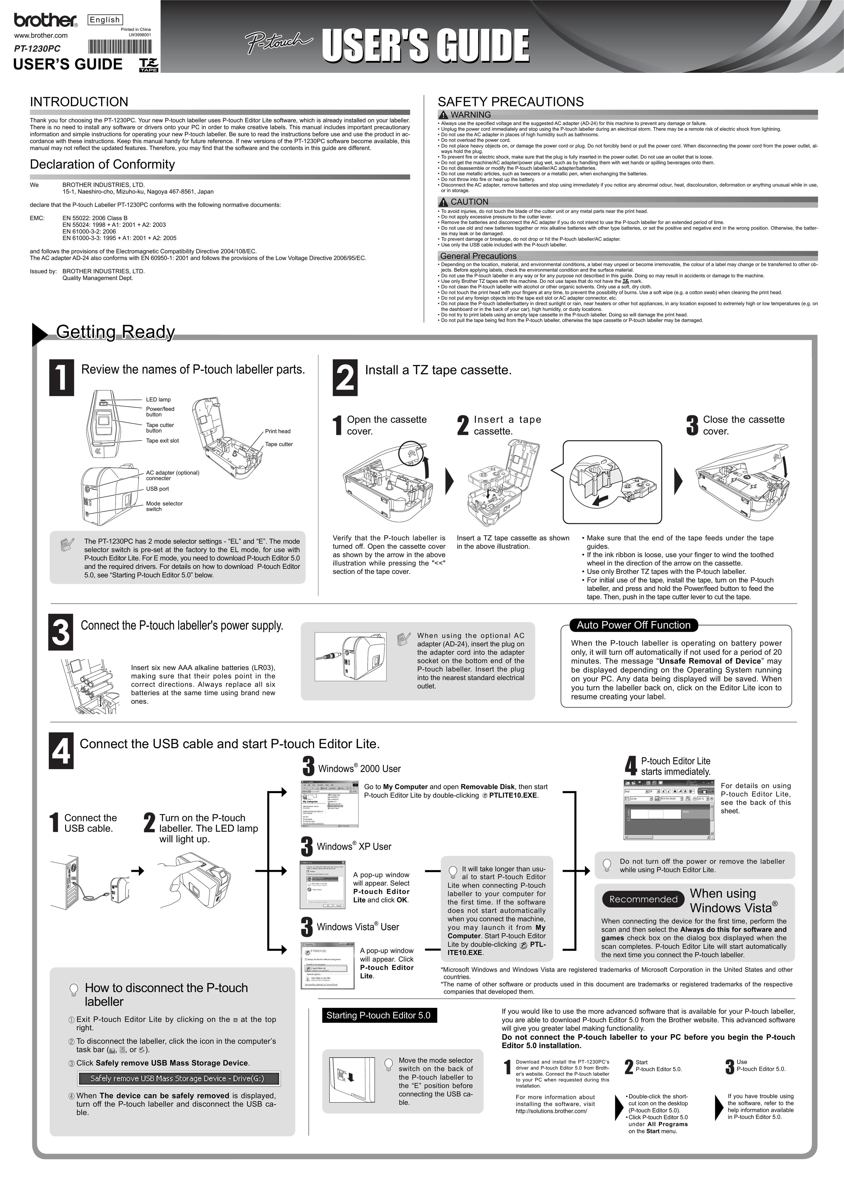 Brother PT-1230PC Label Maker User Manual