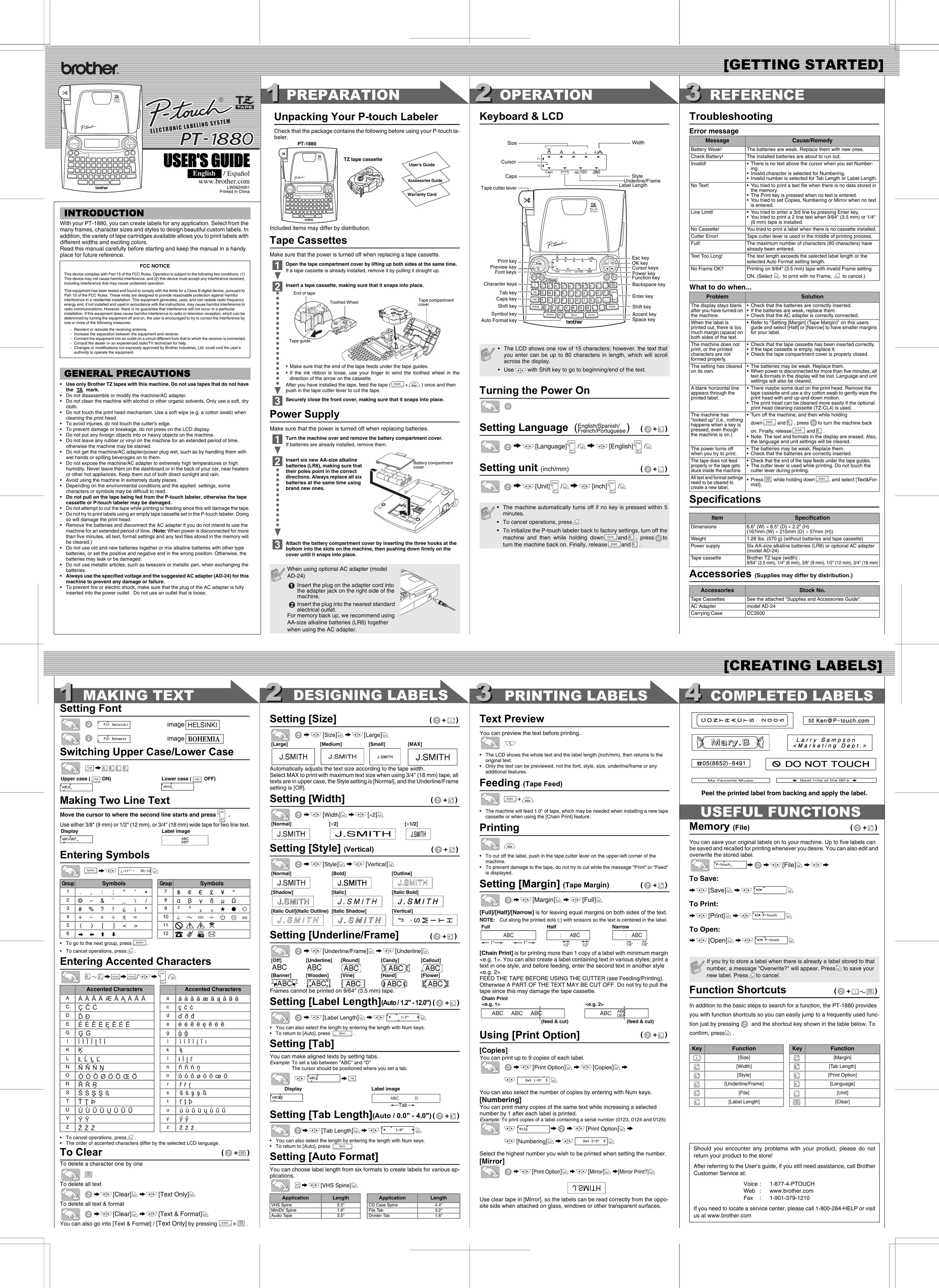 Brother PT-1880 Label Maker User Manual