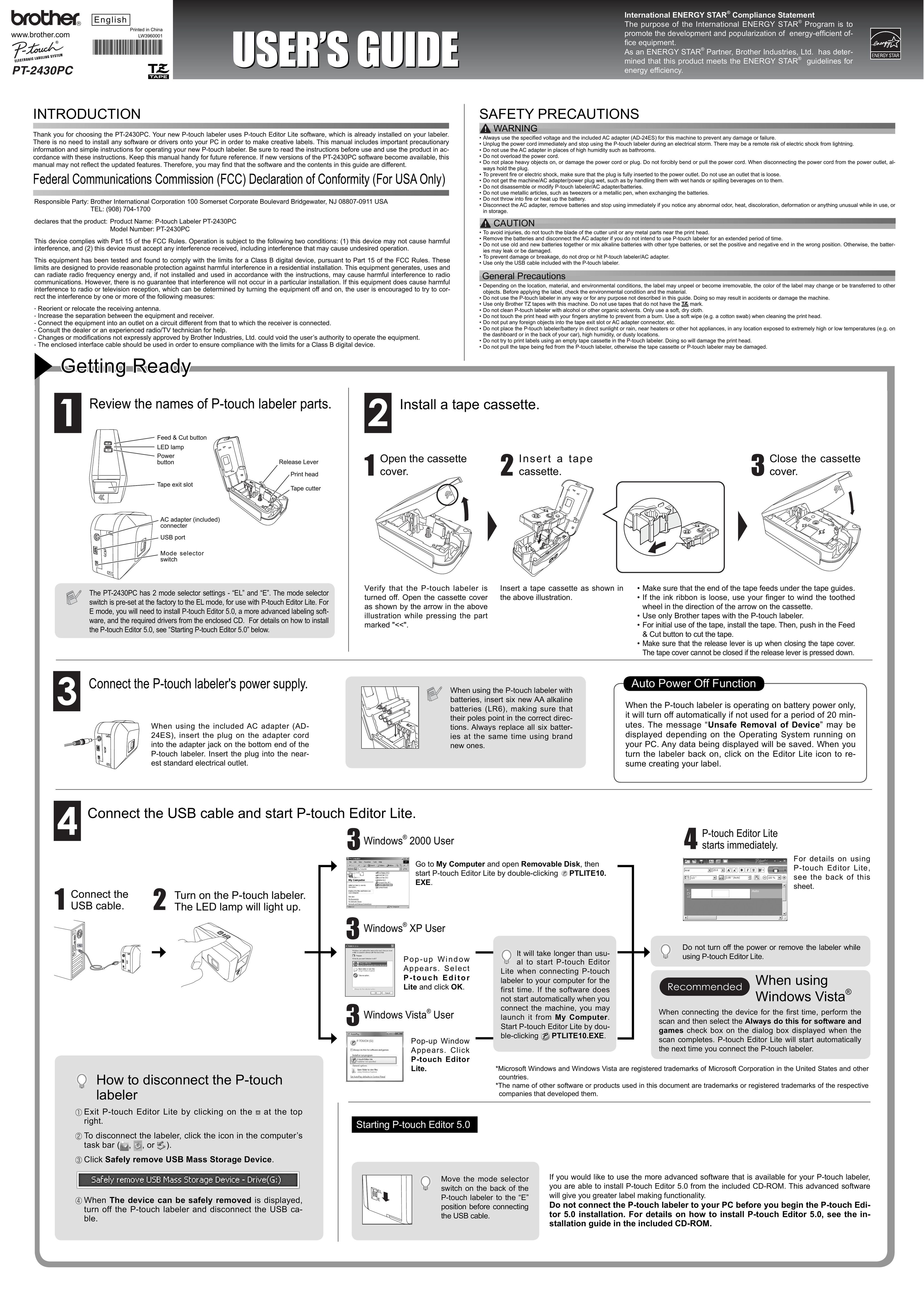 Brother PT-2430PC Label Maker User Manual