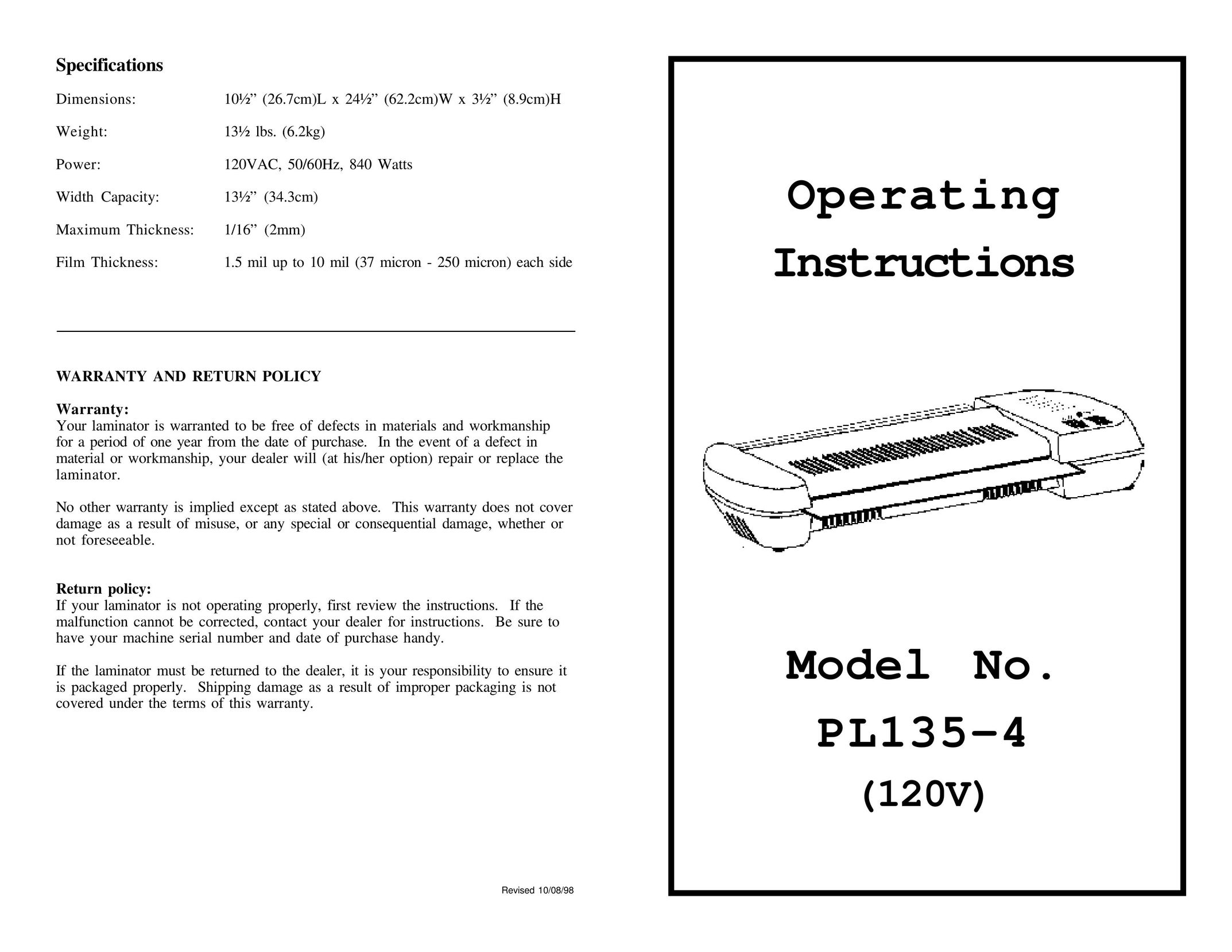 Banner American Products PL135-4 Laminator User Manual