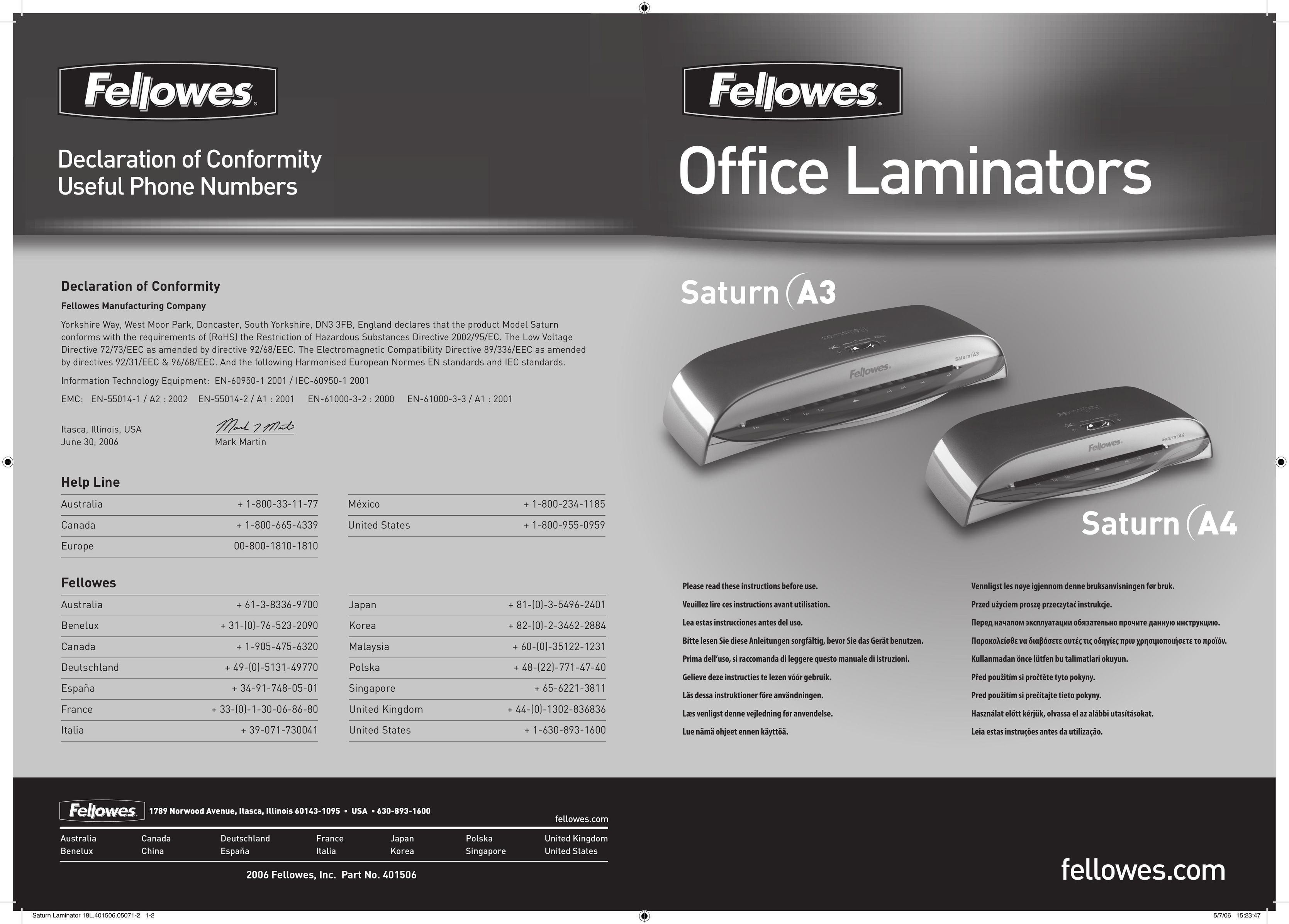 Fellowes Saturn A3 Laminator User Manual