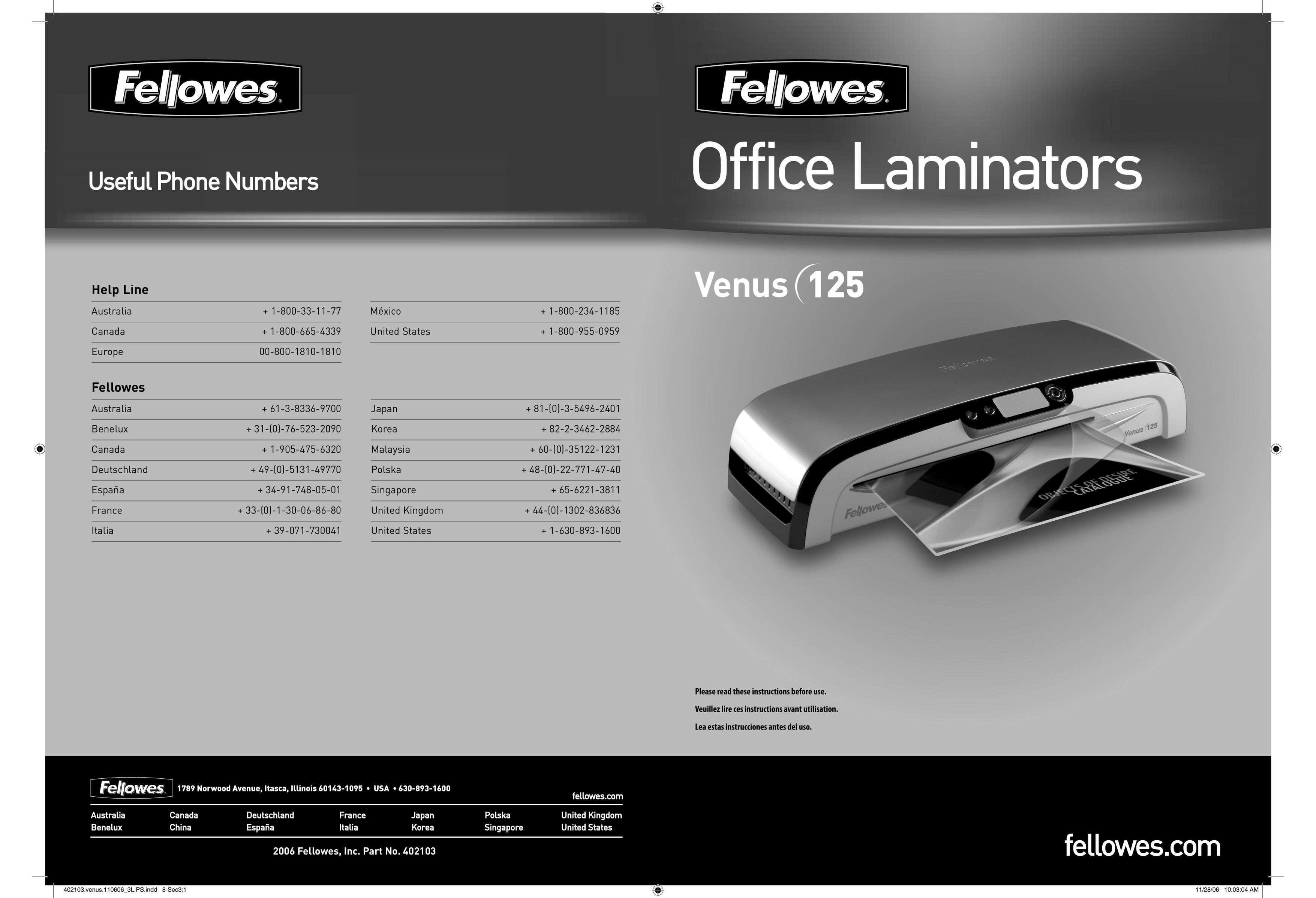 Fellowes Venus 125 Laminator User Manual