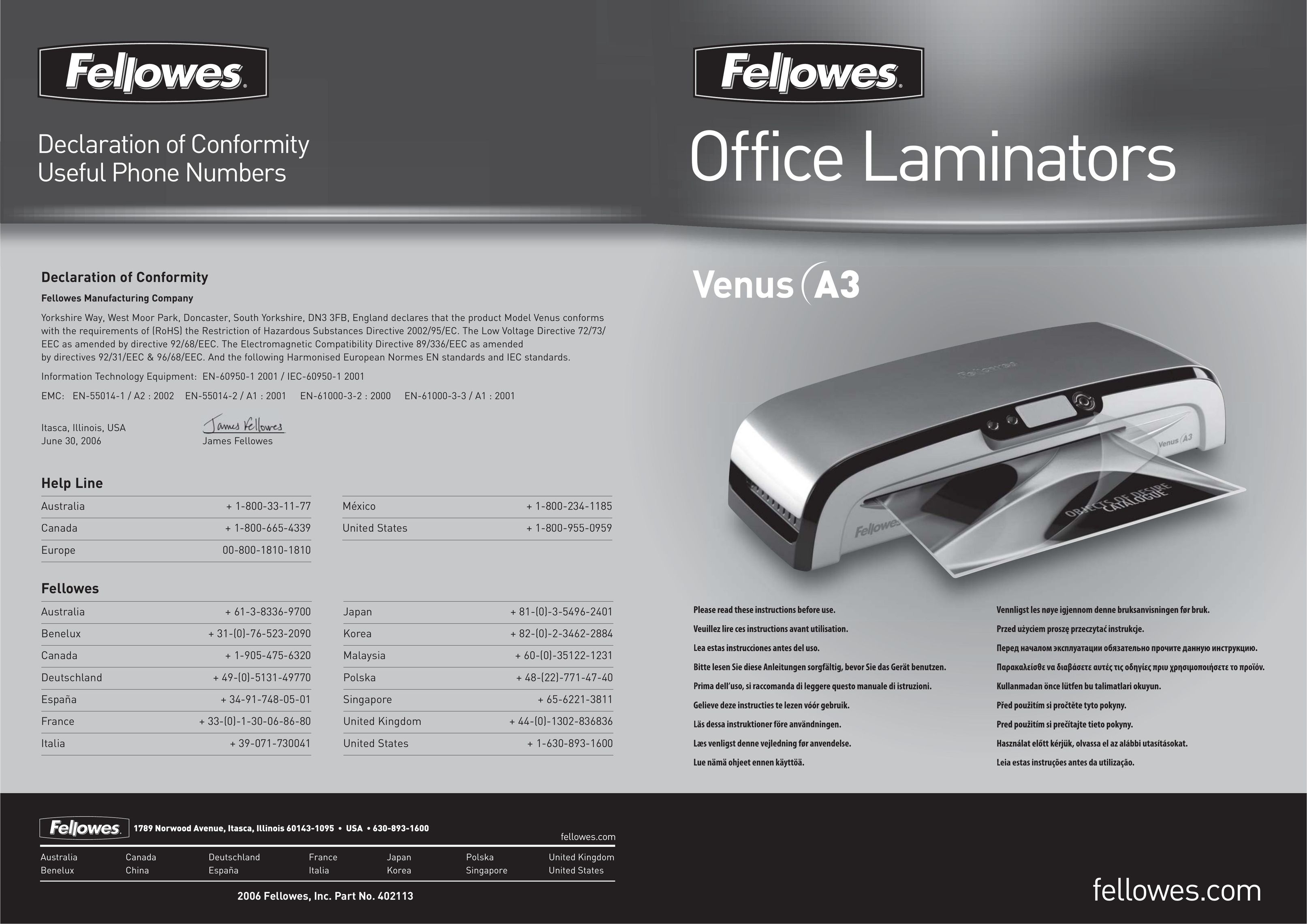Fellowes Venus A3 Laminator User Manual