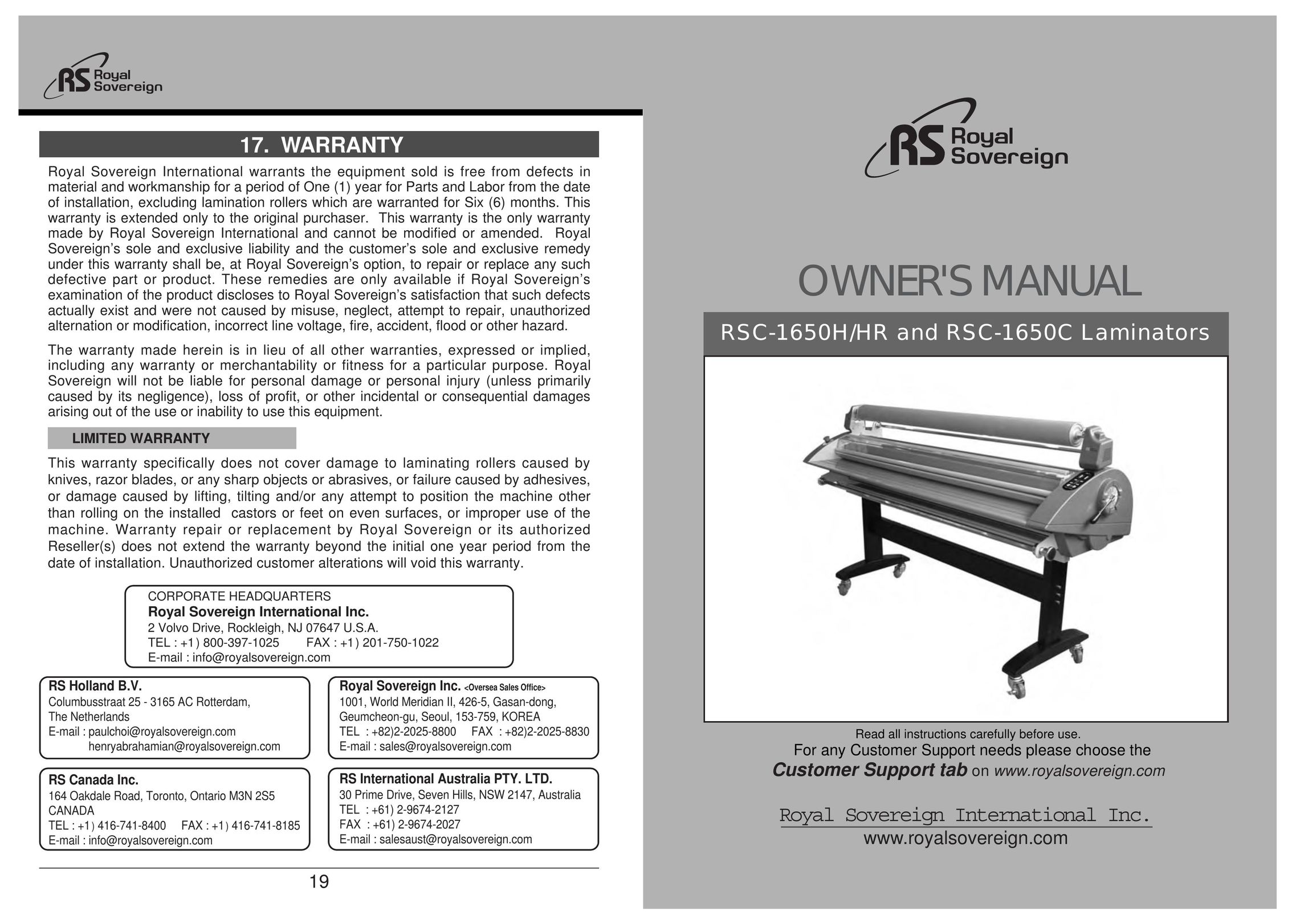 Royal Sovereign RSC-1650HR Laminator User Manual