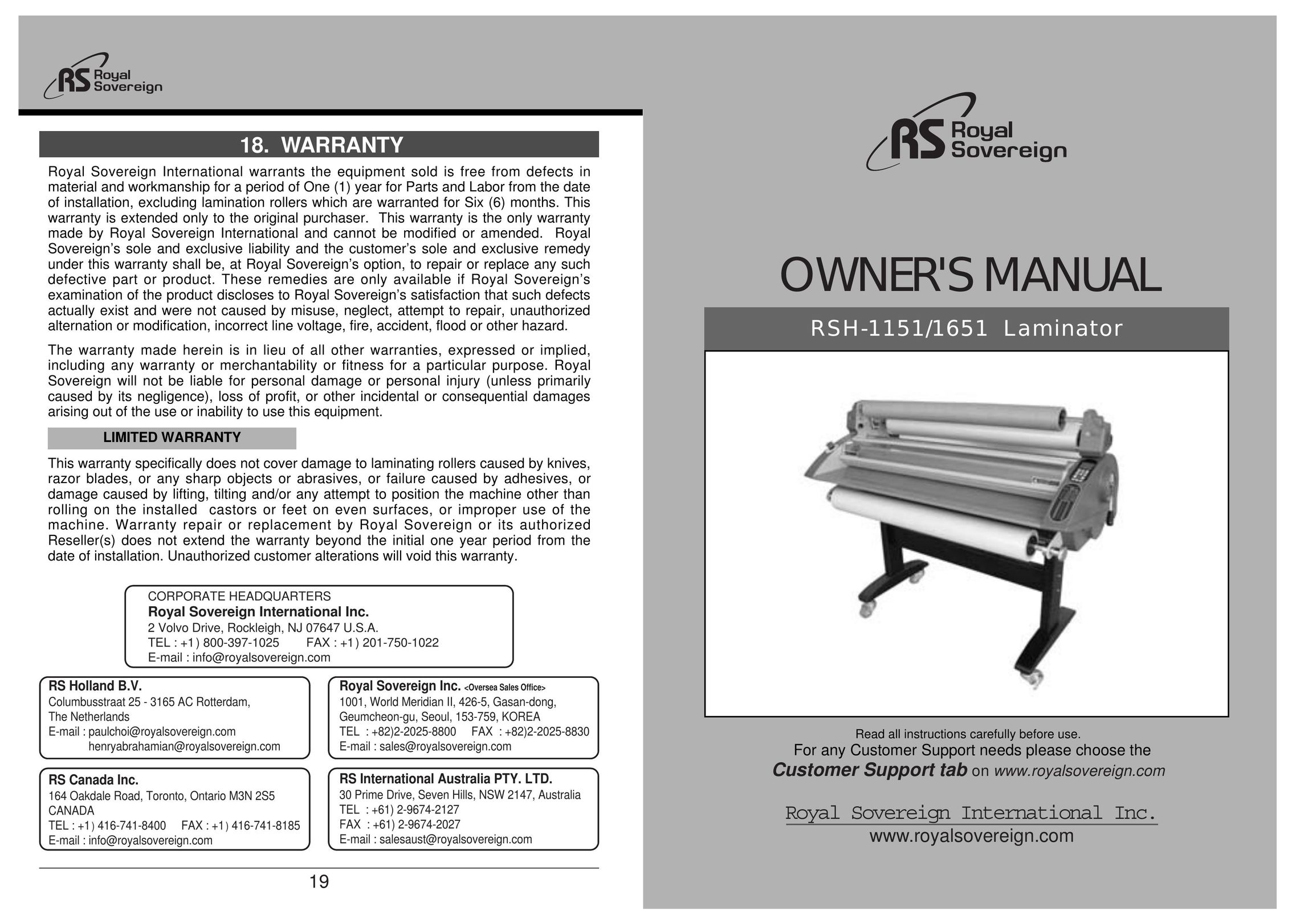 Royal Sovereign RSH-1151 Laminator User Manual