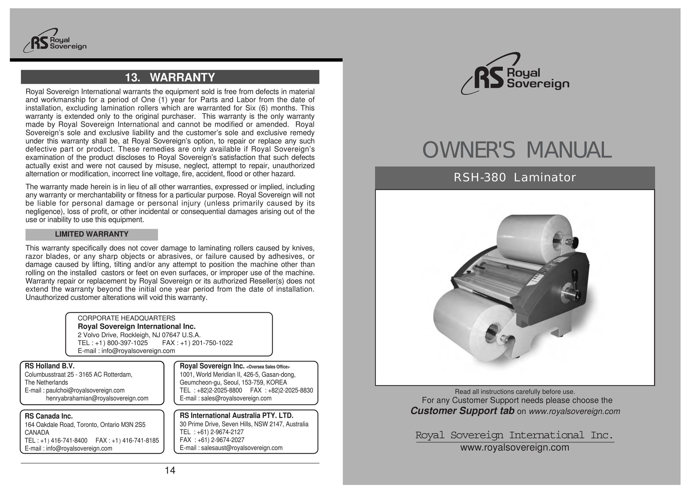 Royal Sovereign RSH-380 Laminator User Manual