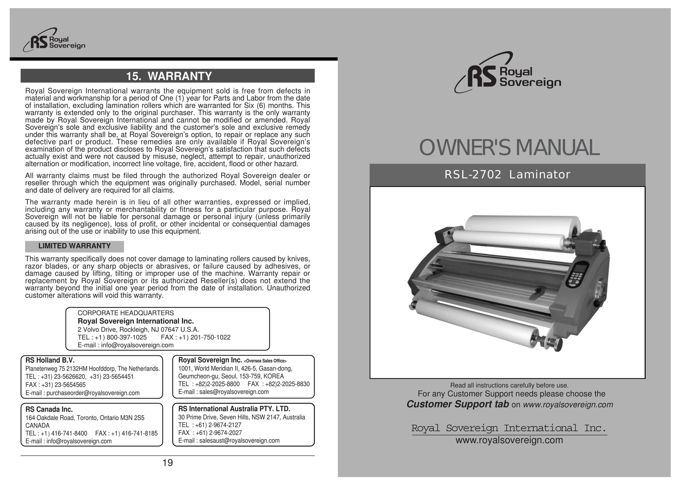 Royal Sovereign RSL-2702 Laminator User Manual