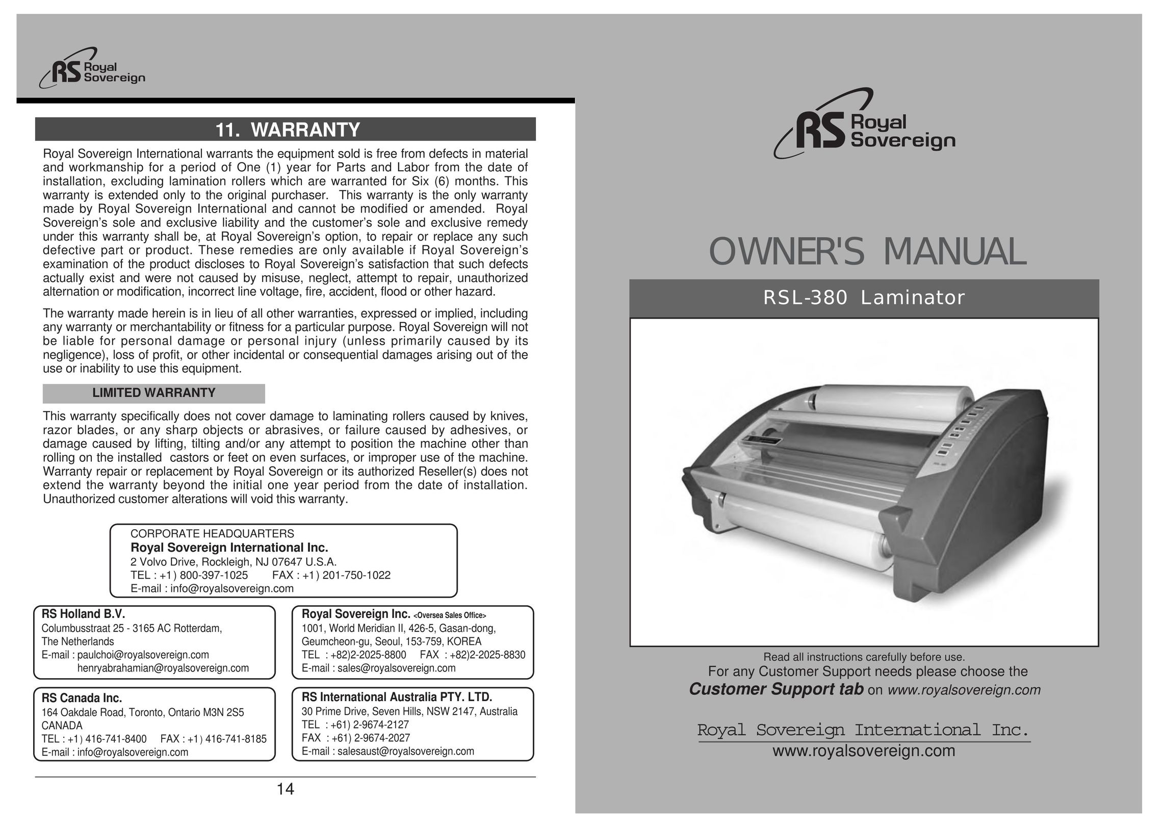 Royal Sovereign RSL-380 Laminator User Manual