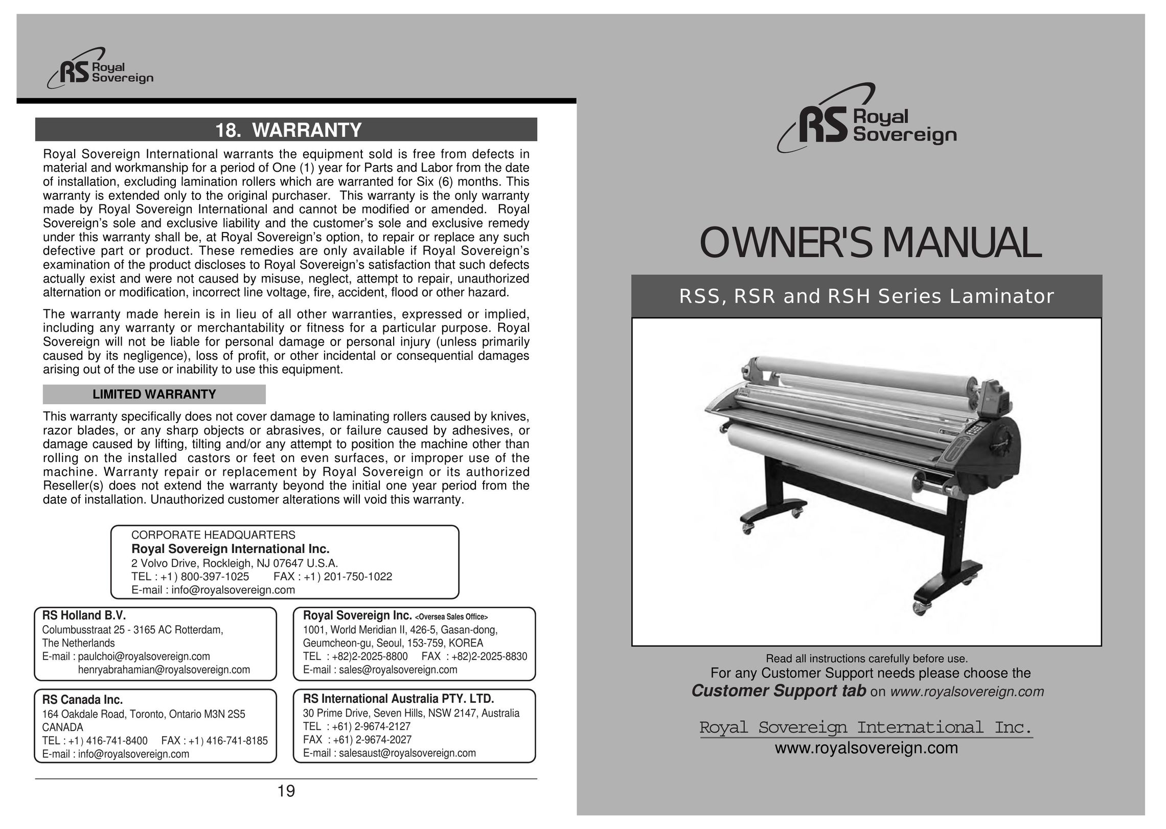 Royal Sovereign RSR Series Laminator User Manual