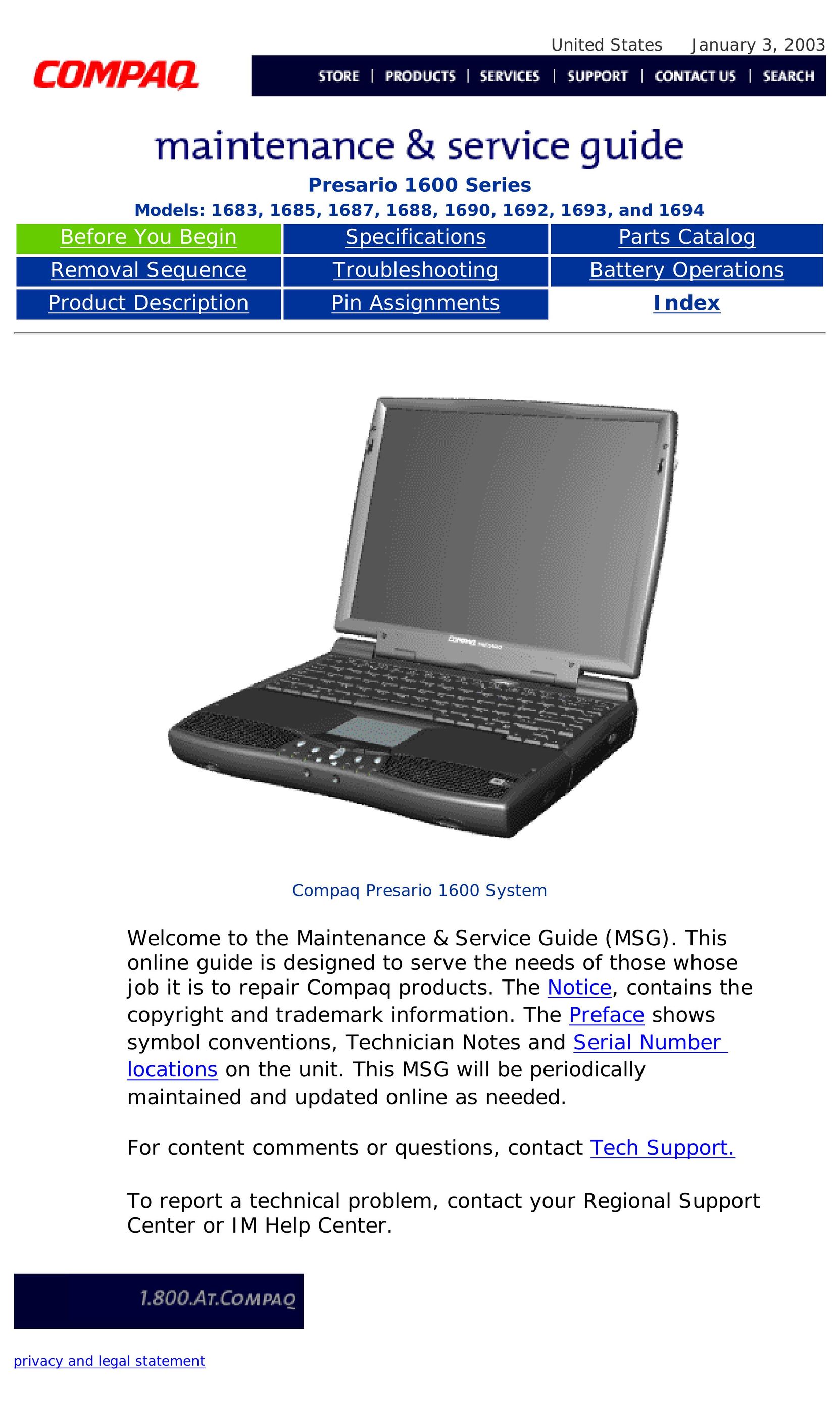 Compaq 1685 Laptop User Manual