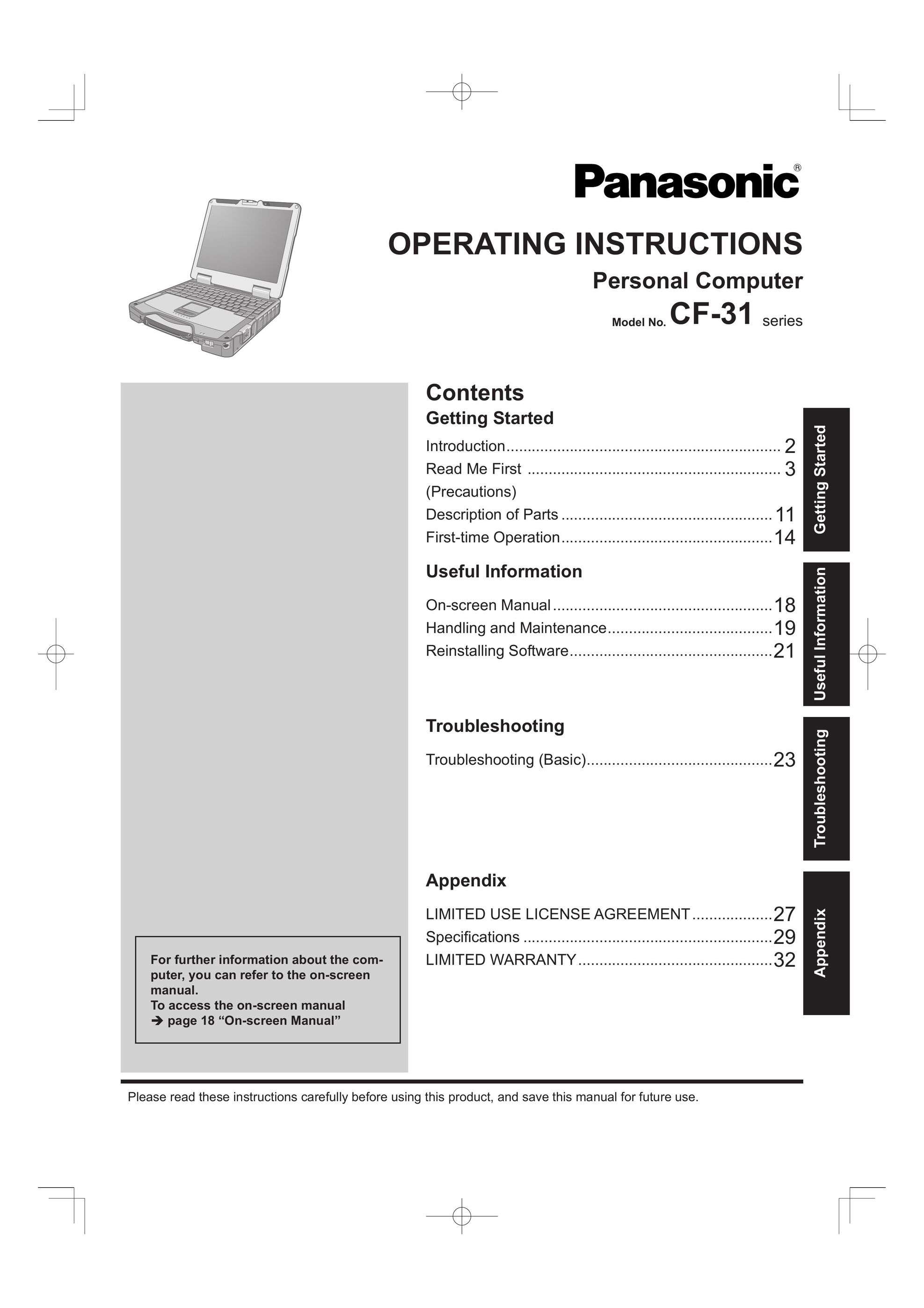 Panasonic CF-31 Laptop User Manual