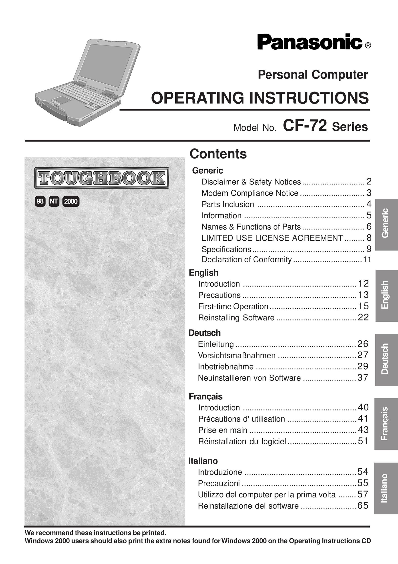 Panasonic CF-72 Laptop User Manual
