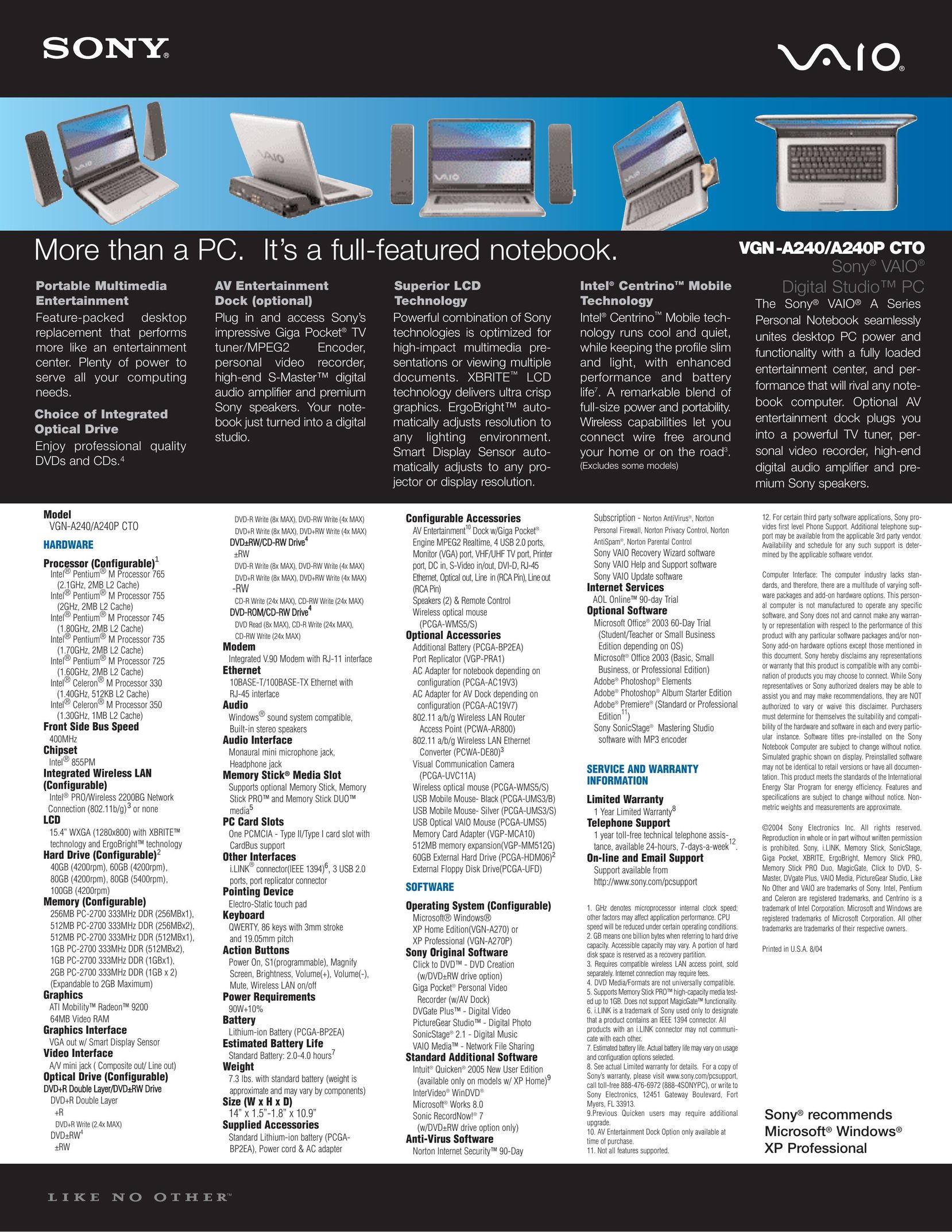 Sony A240P CTO Laptop User Manual