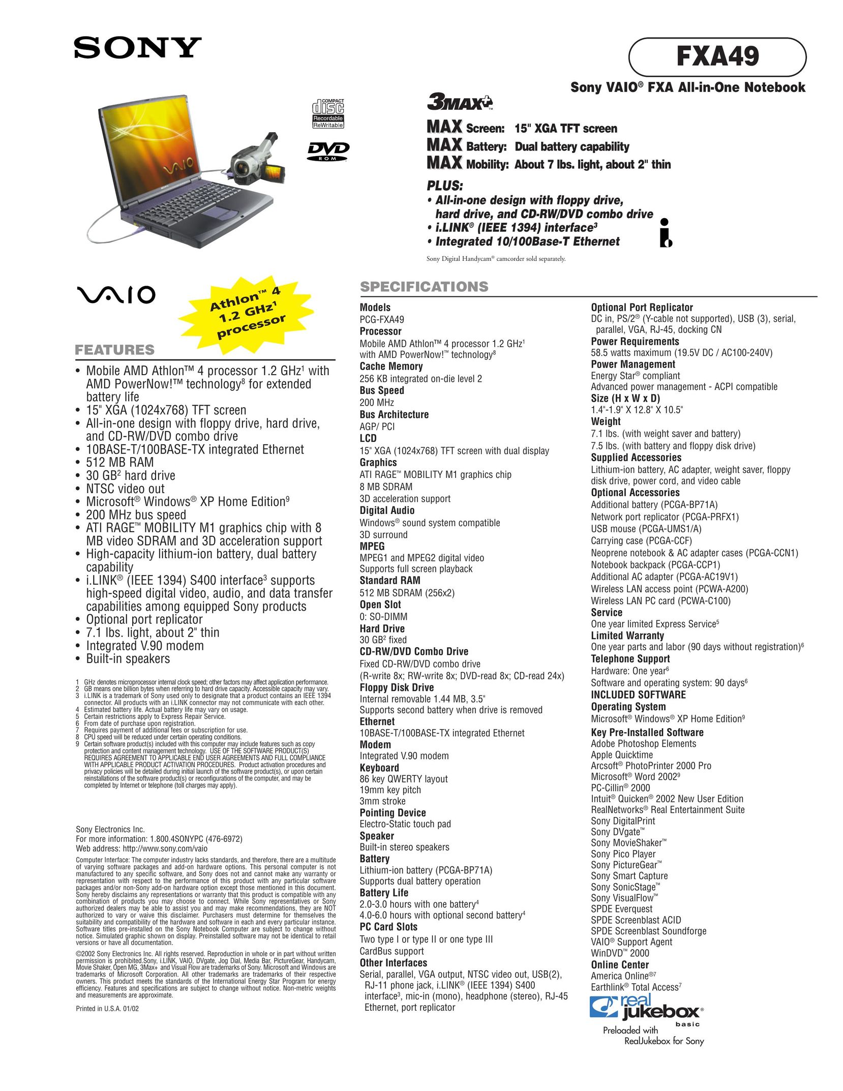 Sony FXA49 Laptop User Manual