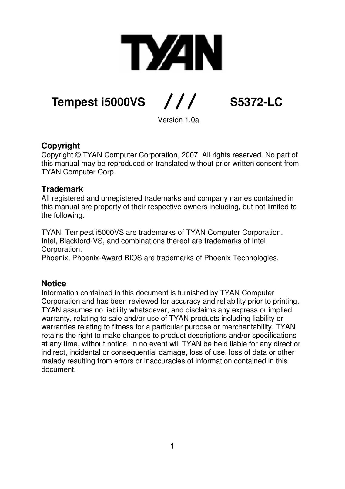 Tyan Computer S5372-LC Laptop User Manual