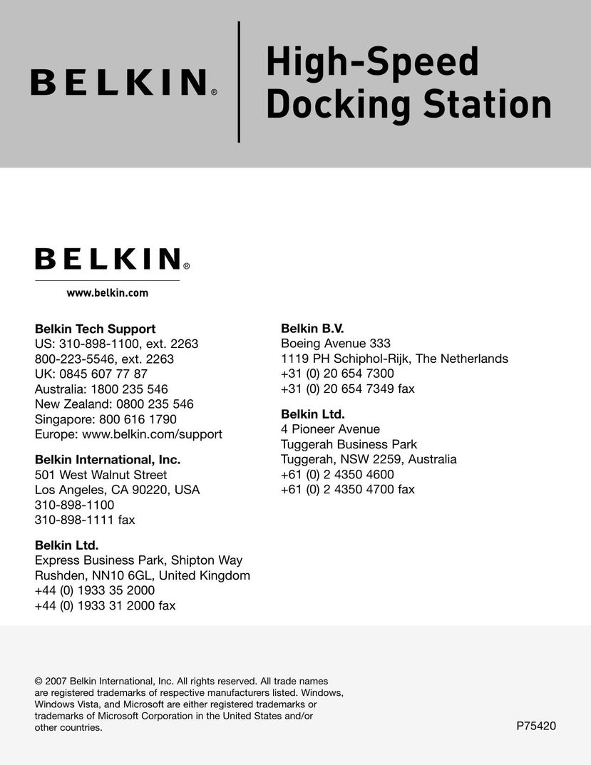 Belkin F5U273 Laptop Docking Station User Manual