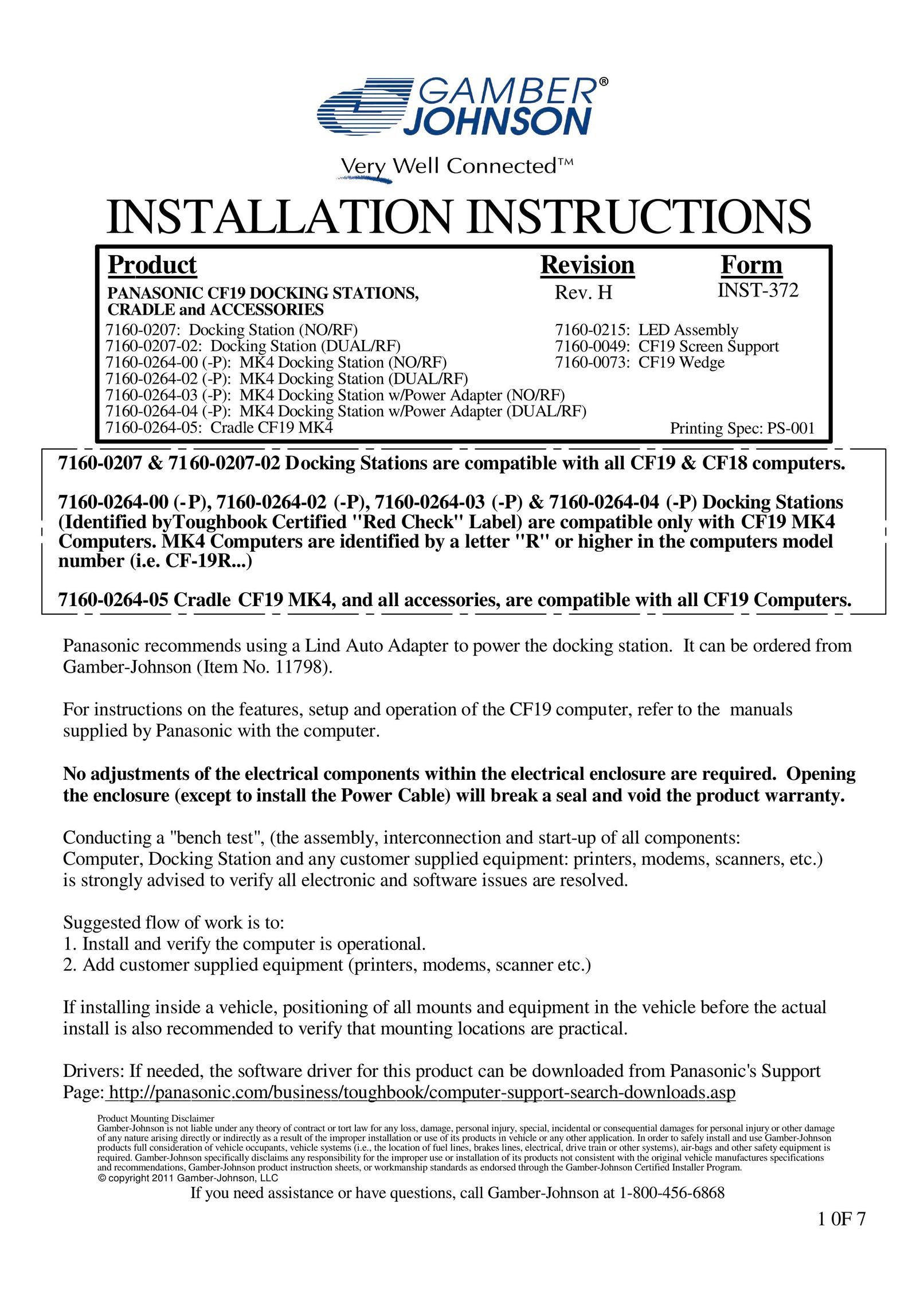 Gamber Johnson 7160-0207-02 Laptop Docking Station User Manual