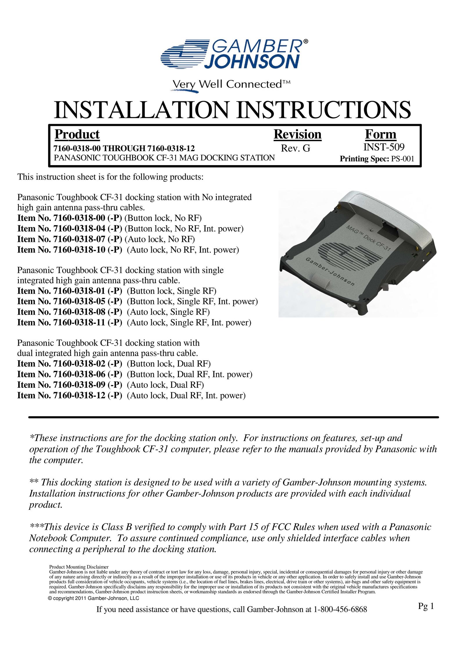 Gamber Johnson 7160-0318-05 Laptop Docking Station User Manual