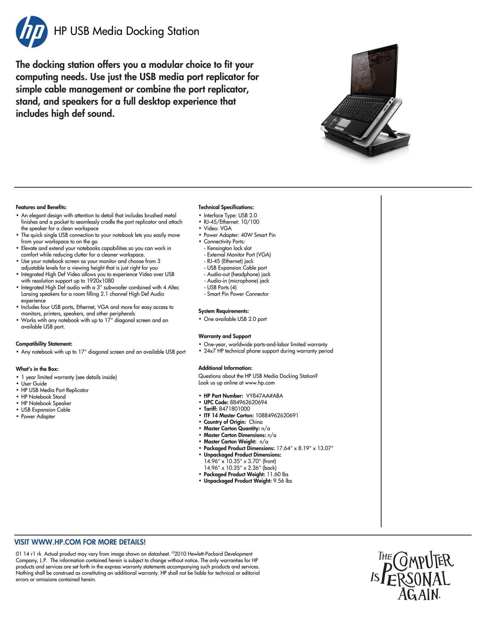 HP (Hewlett-Packard) VY847AA#ABA Laptop Docking Station User Manual