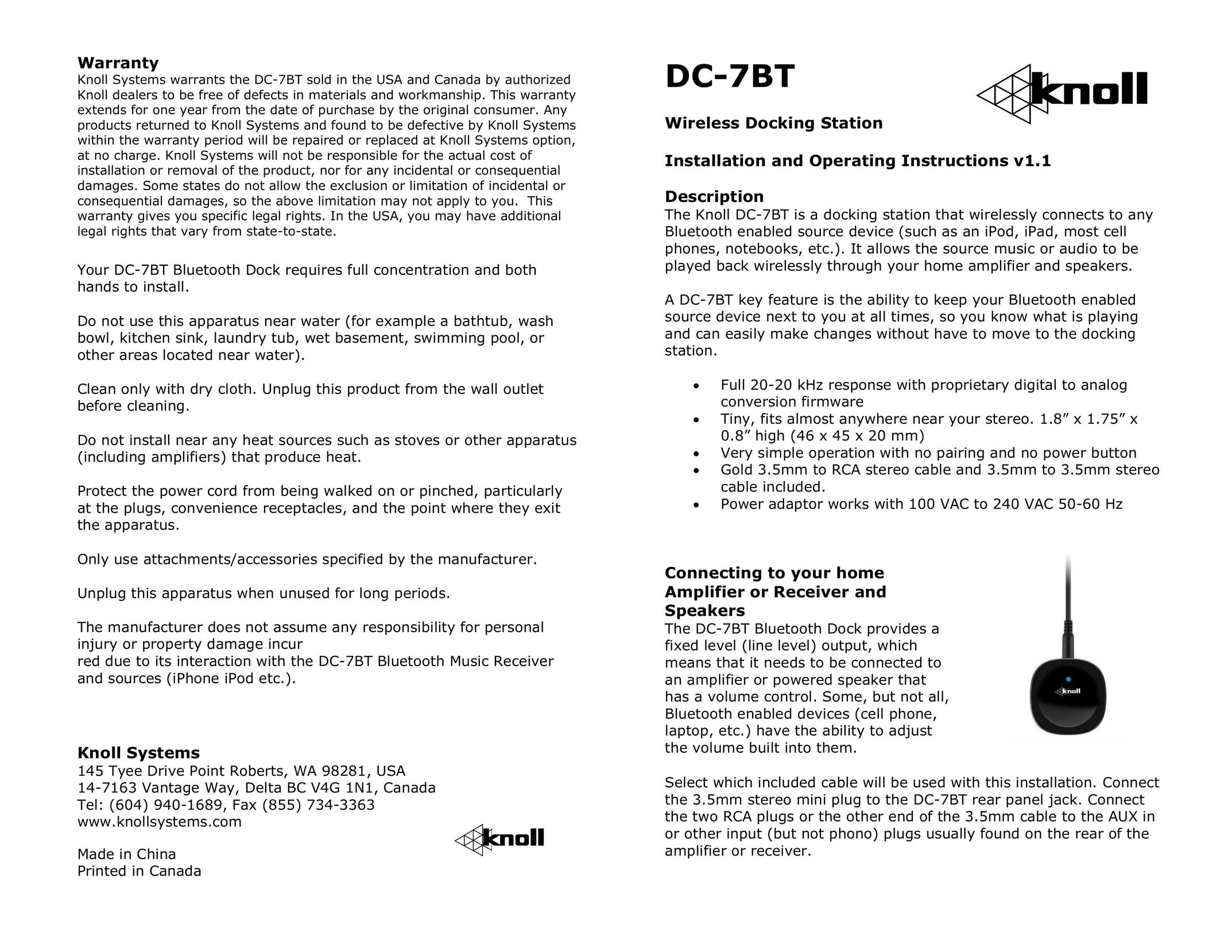 Knoll Systems DC-7BT Laptop Docking Station User Manual