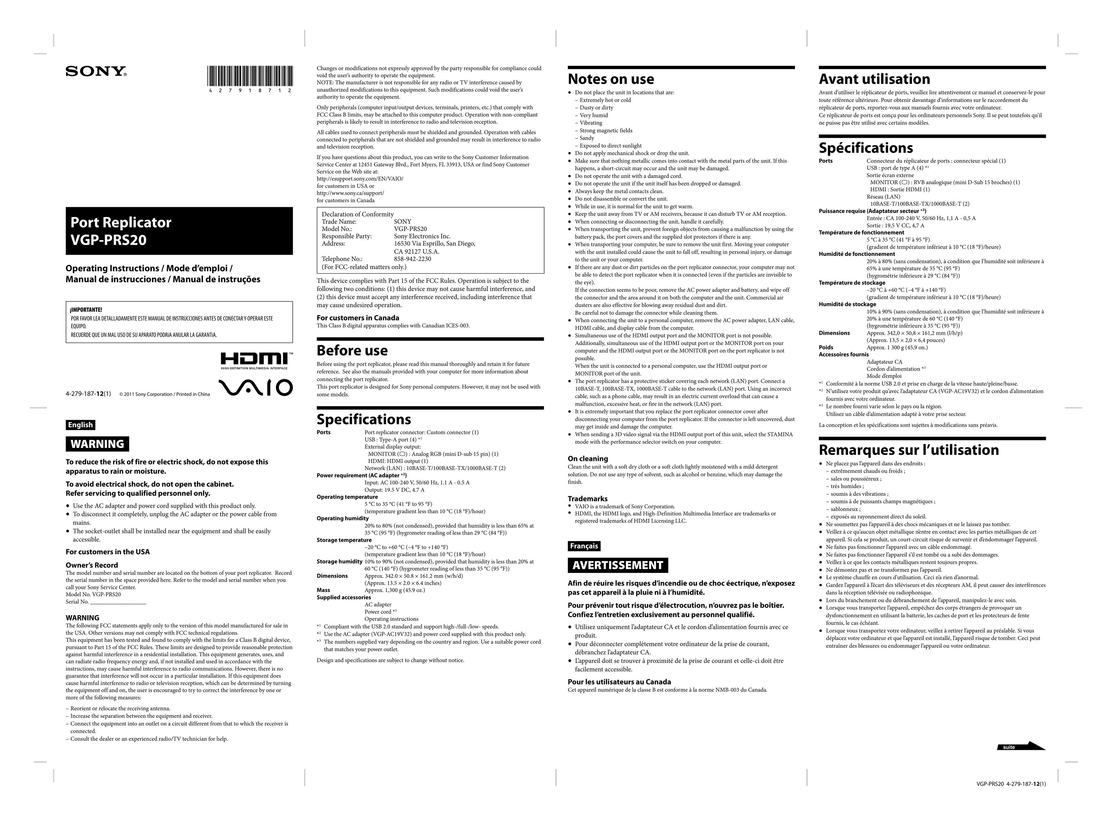 Sony VGP-PRS20 Laptop Docking Station User Manual