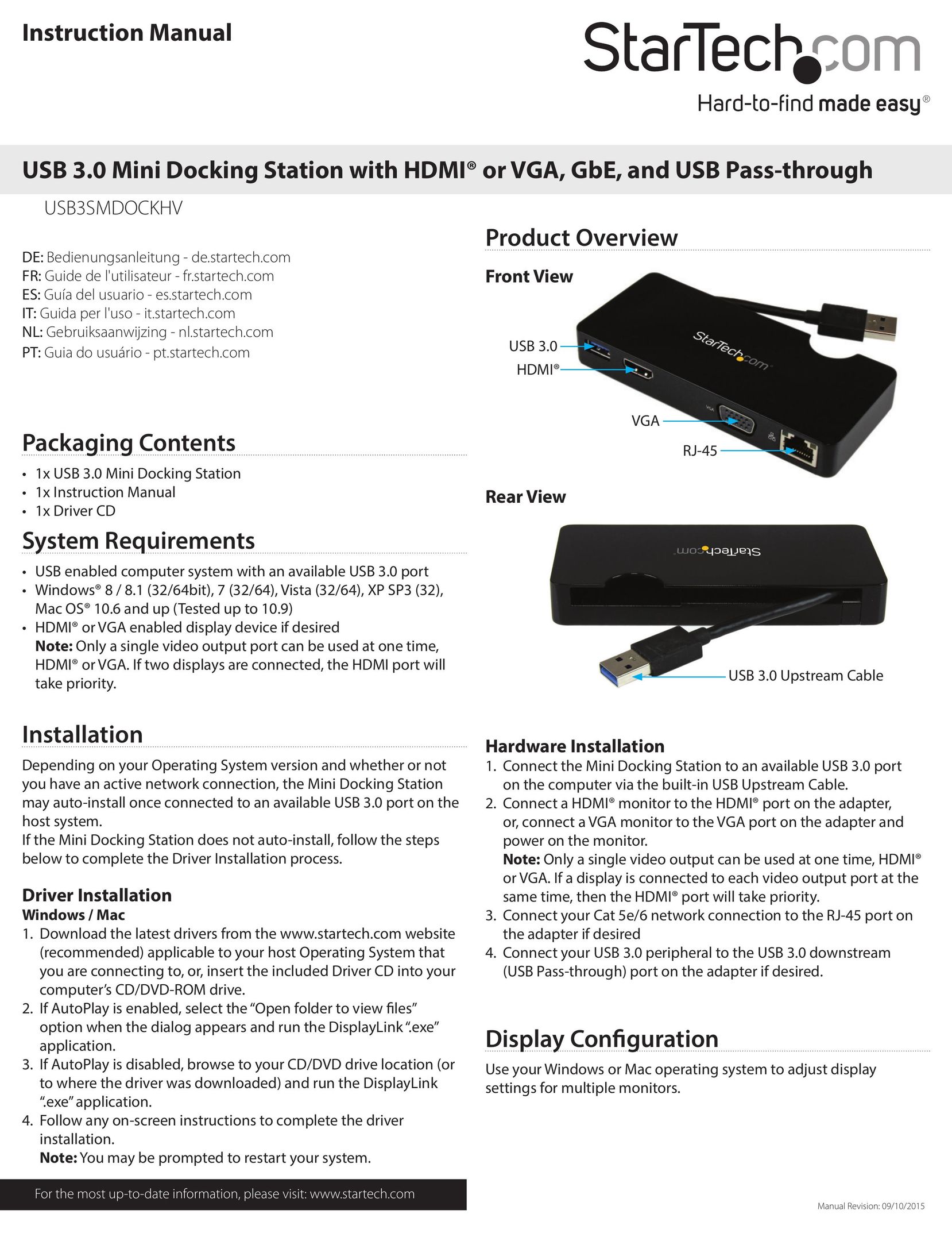 StarTech.com USB3SMDOCKHV Laptop Docking Station User Manual