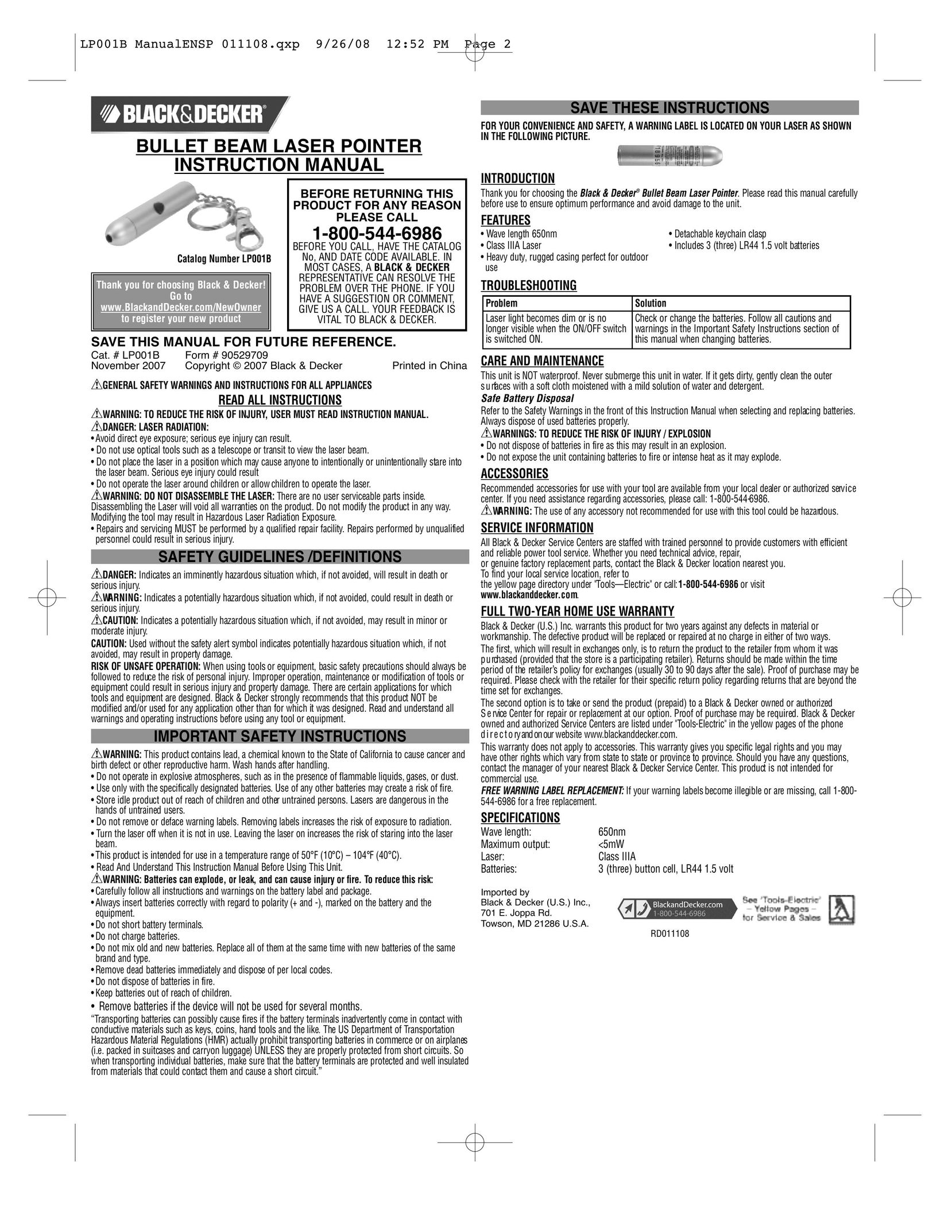 Black & Decker 90529709 Laser Pointer User Manual