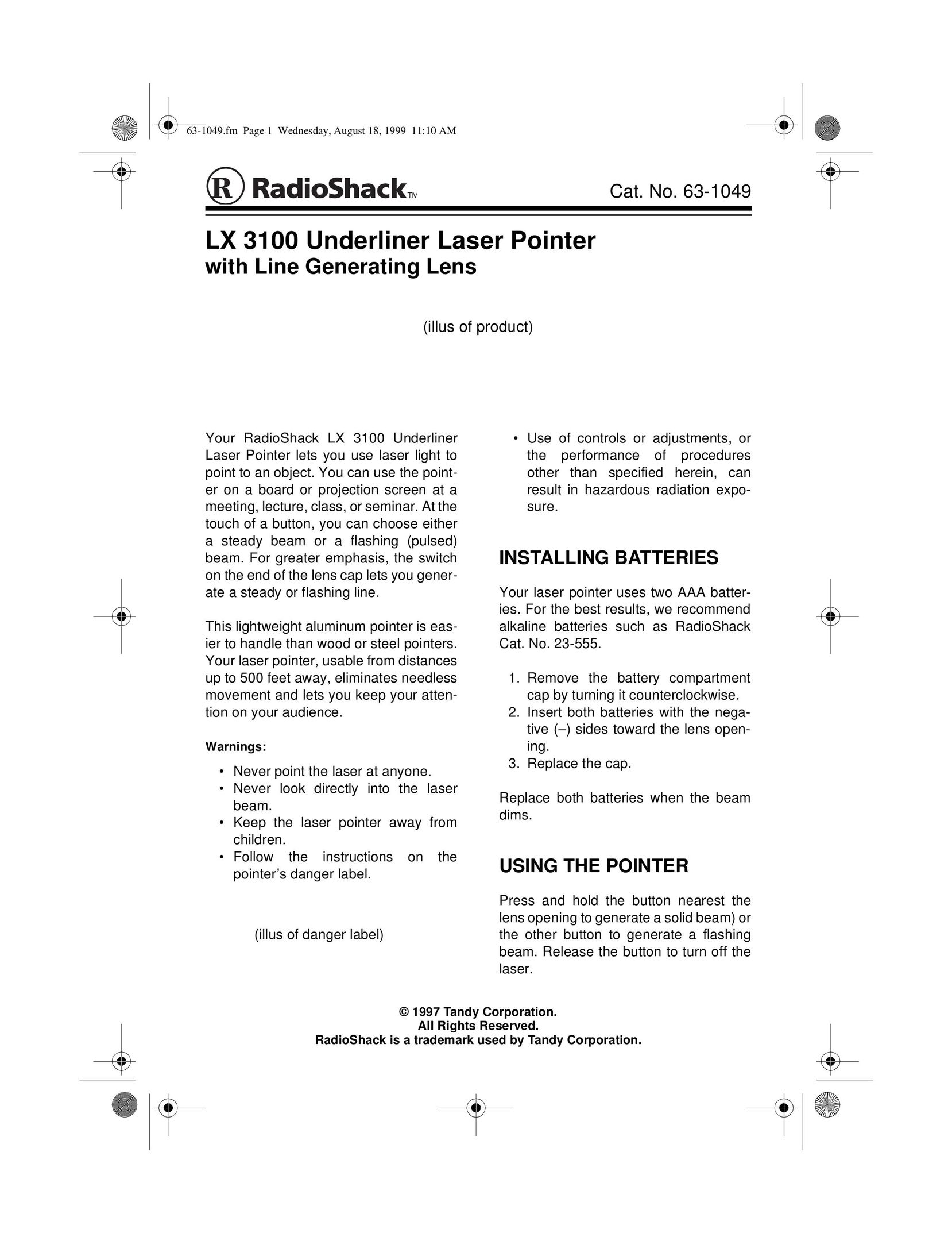 Radio Shack LX-3100 Laser Pointer User Manual