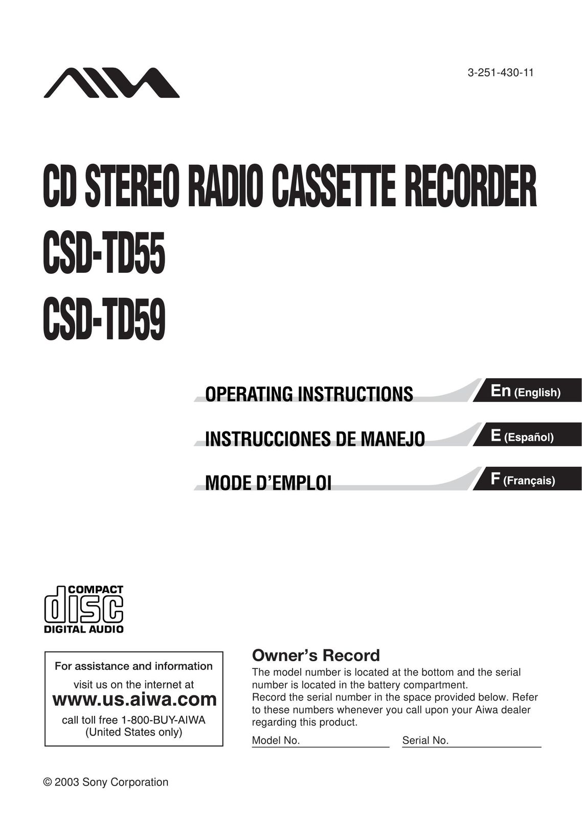 Aiwa CSD-TD55 Microcassette Recorder User Manual