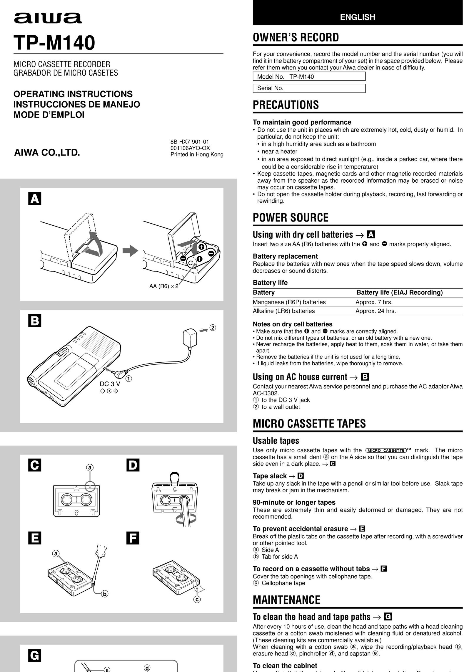 Aiwa TP-M140 Microcassette Recorder User Manual