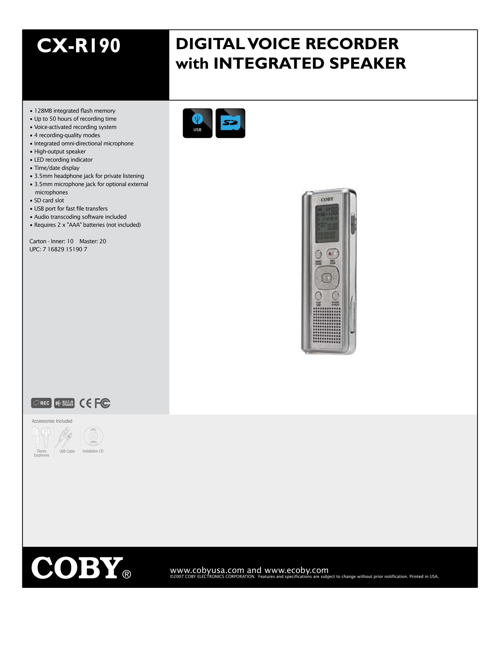 COBY electronic CX-R190 Microcassette Recorder User Manual