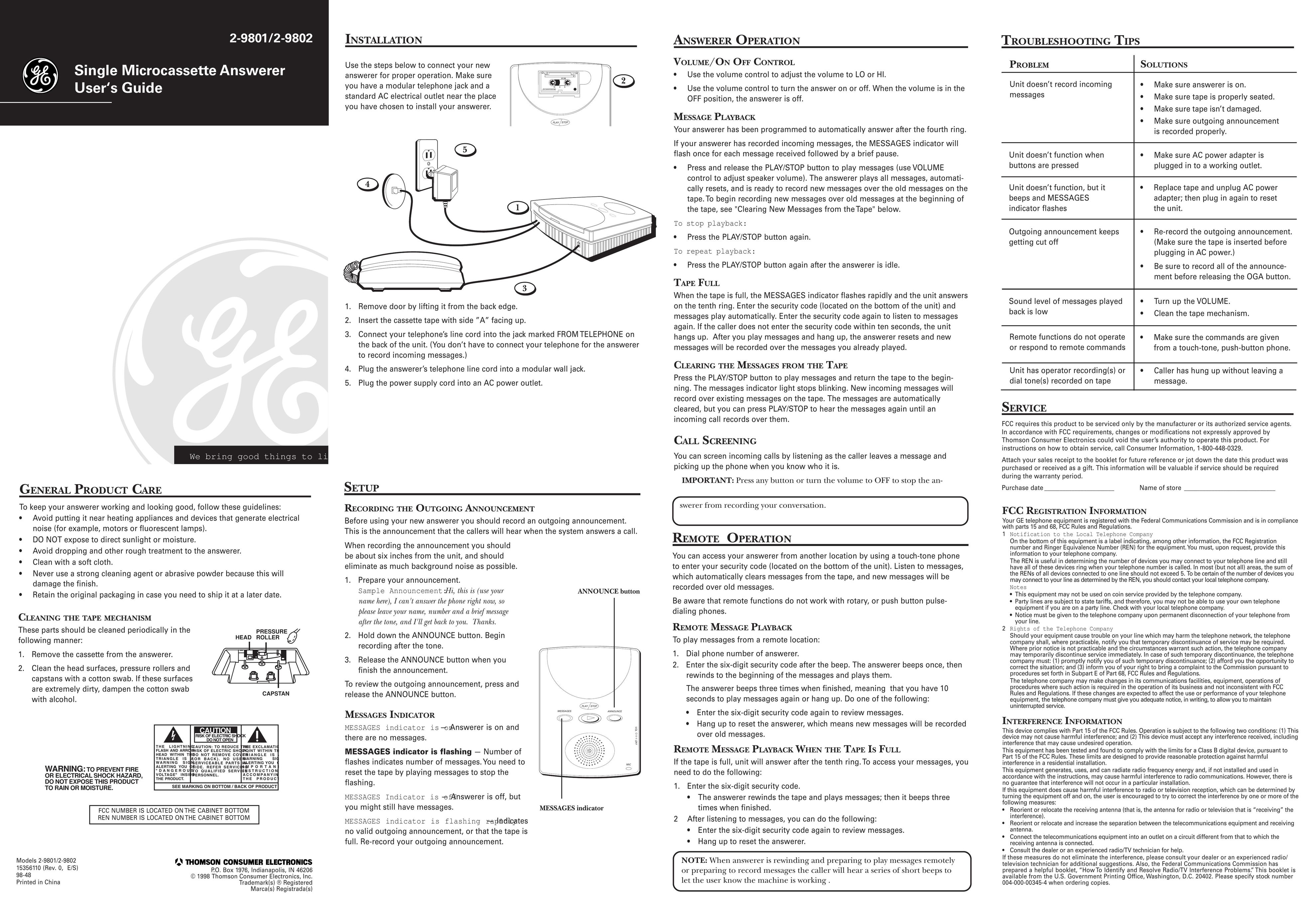 GE 2-9801 Microcassette Recorder User Manual