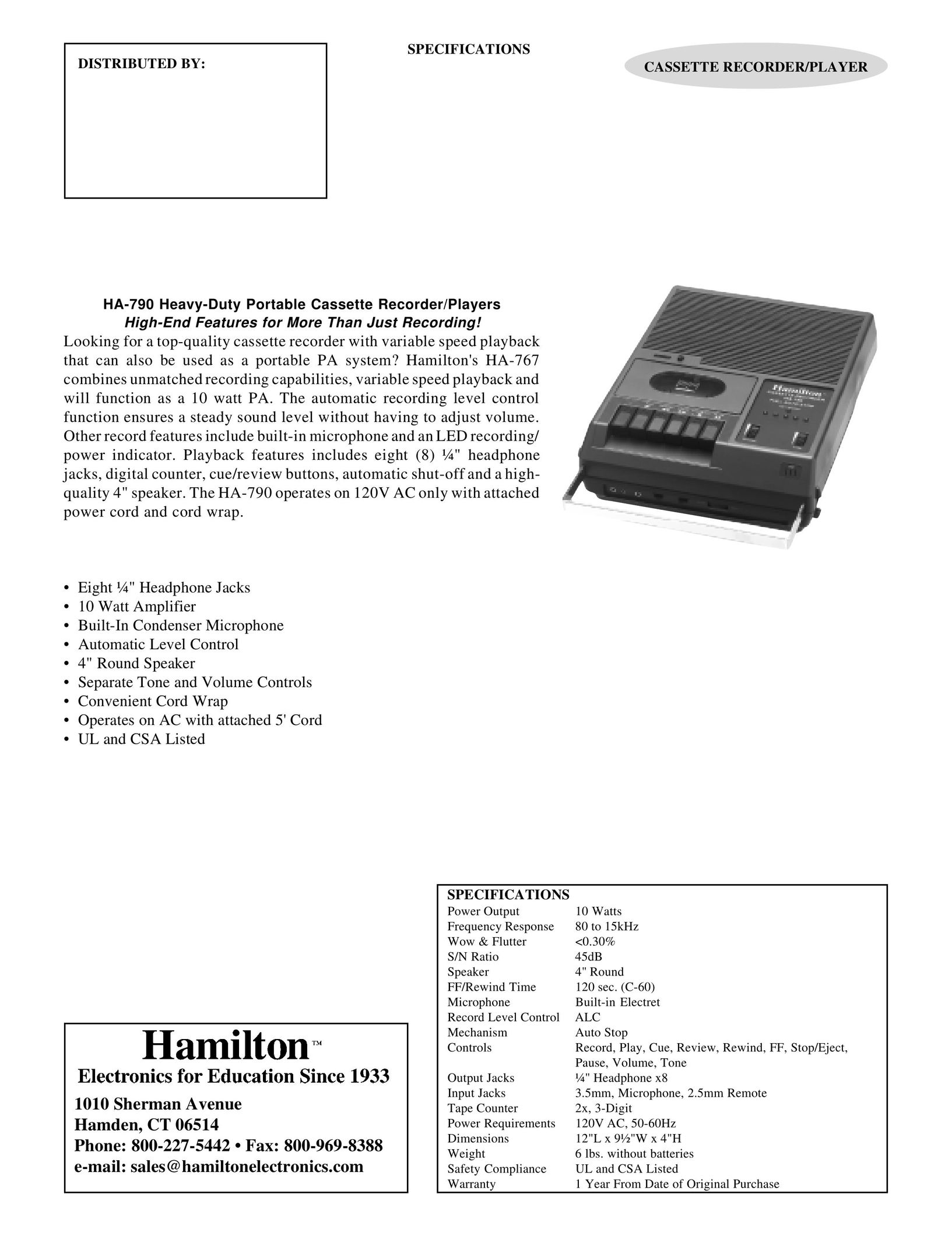 Hamilton Electronics HA-790 Microcassette Recorder User Manual