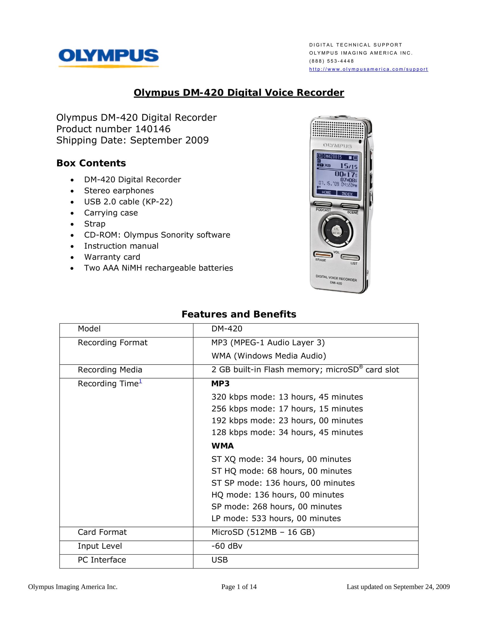 Olympus DM-420 Microcassette Recorder User Manual
