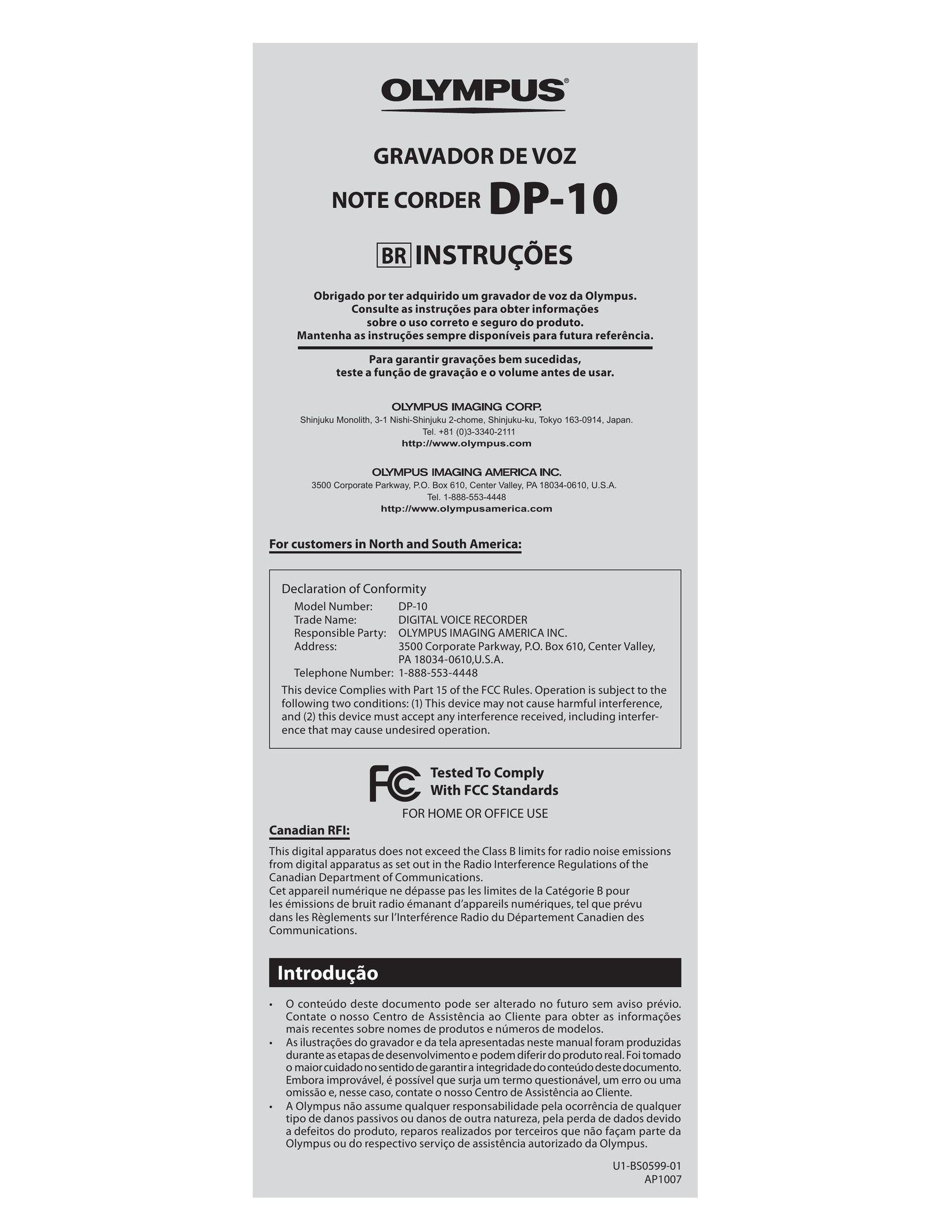 Olympus DP-10 Microcassette Recorder User Manual