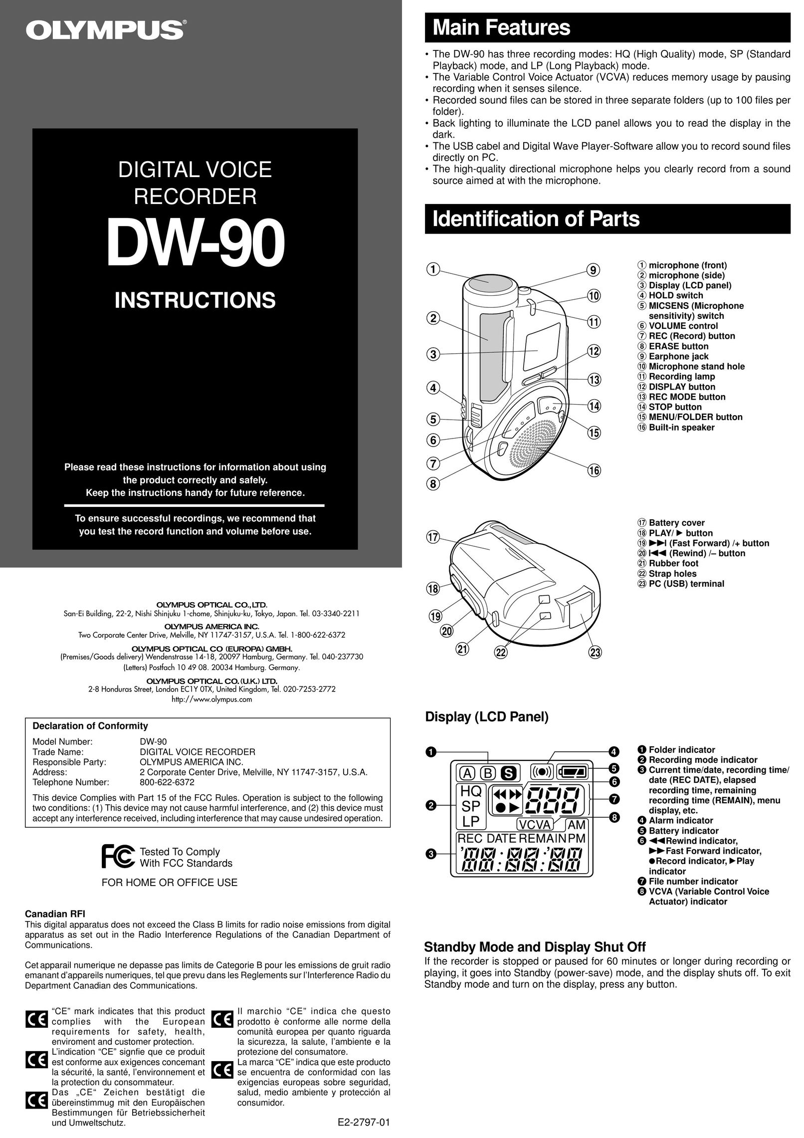 Olympus DW-90 Microcassette Recorder User Manual
