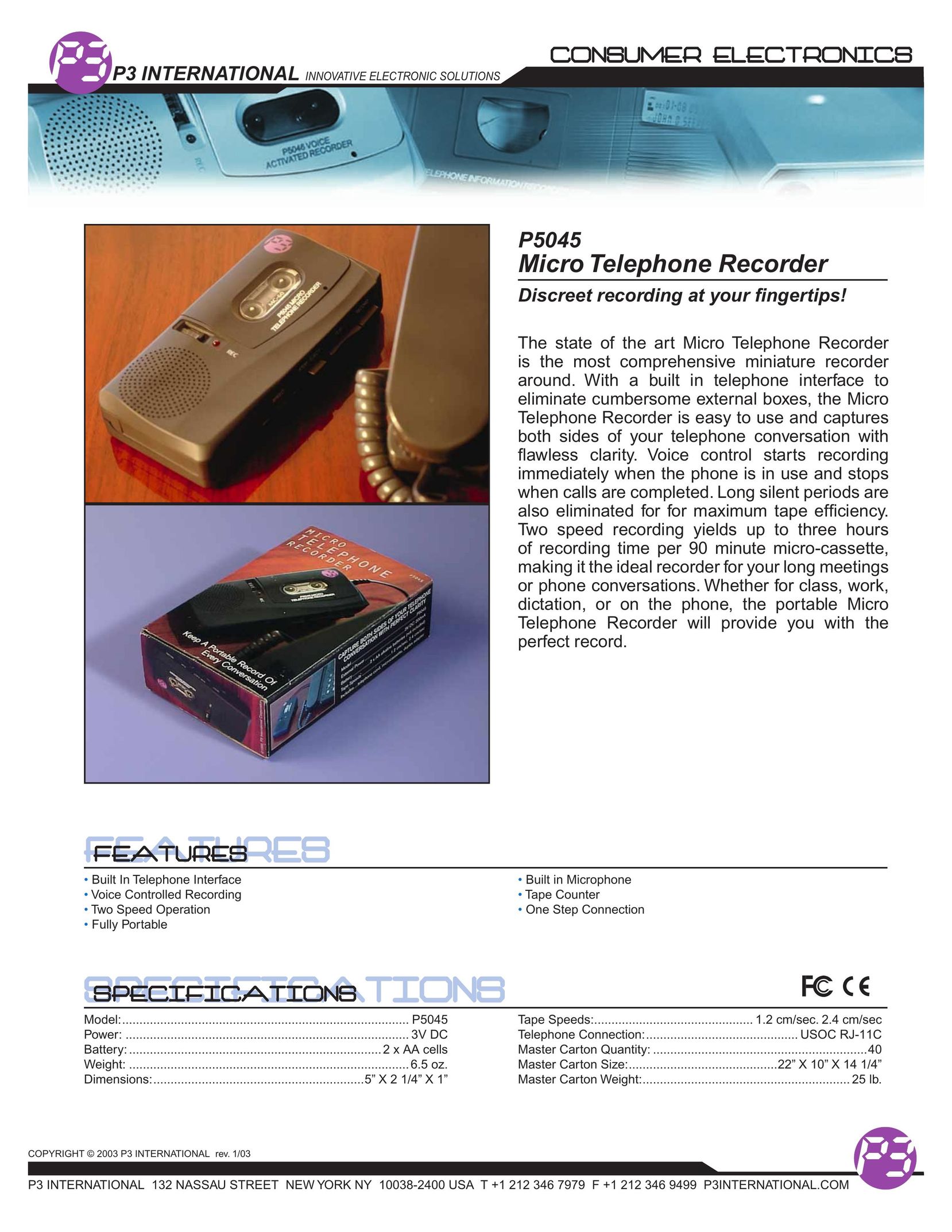 P3 International P5045 Microcassette Recorder User Manual