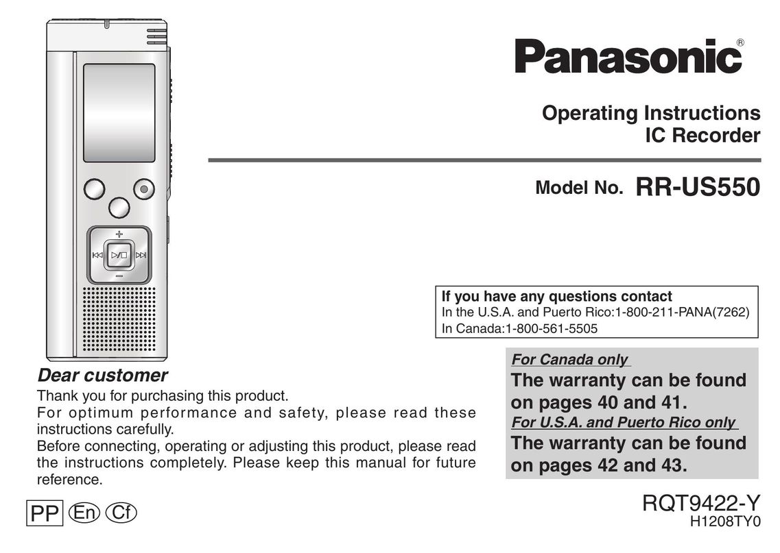 Panasonic H1208TY0 Microcassette Recorder User Manual