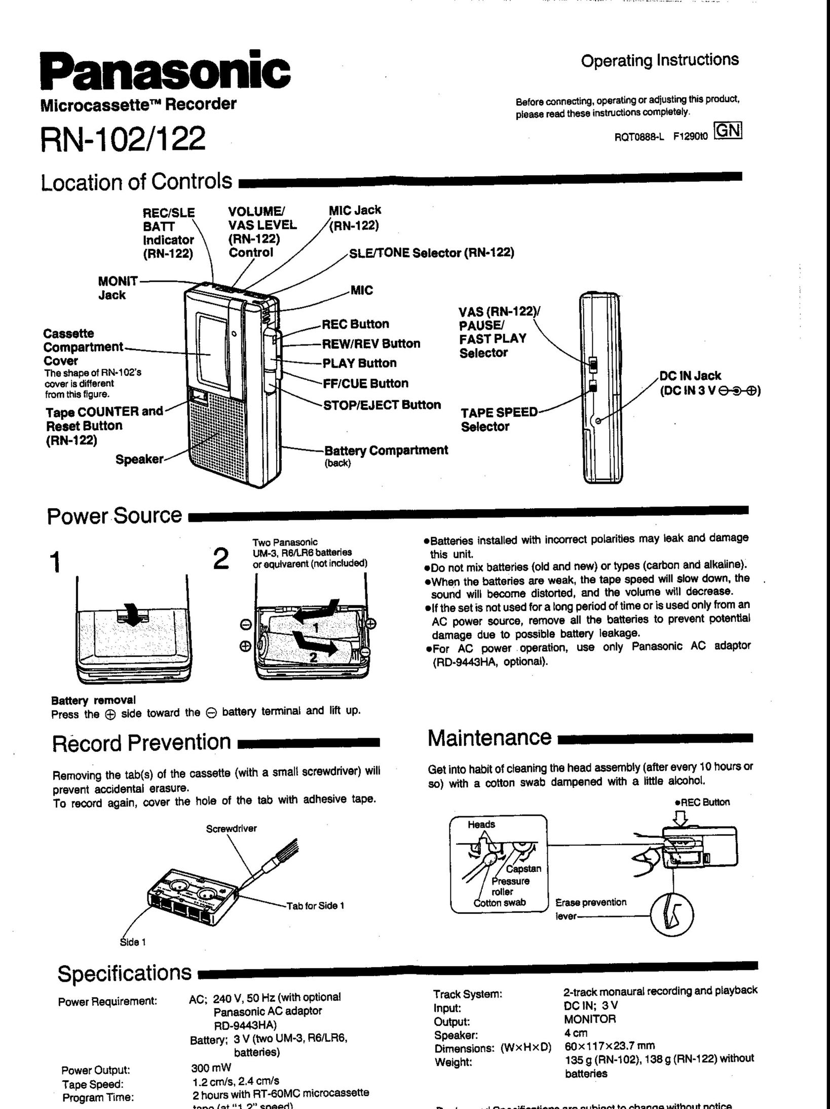 Panasonic RN-102 Microcassette Recorder User Manual