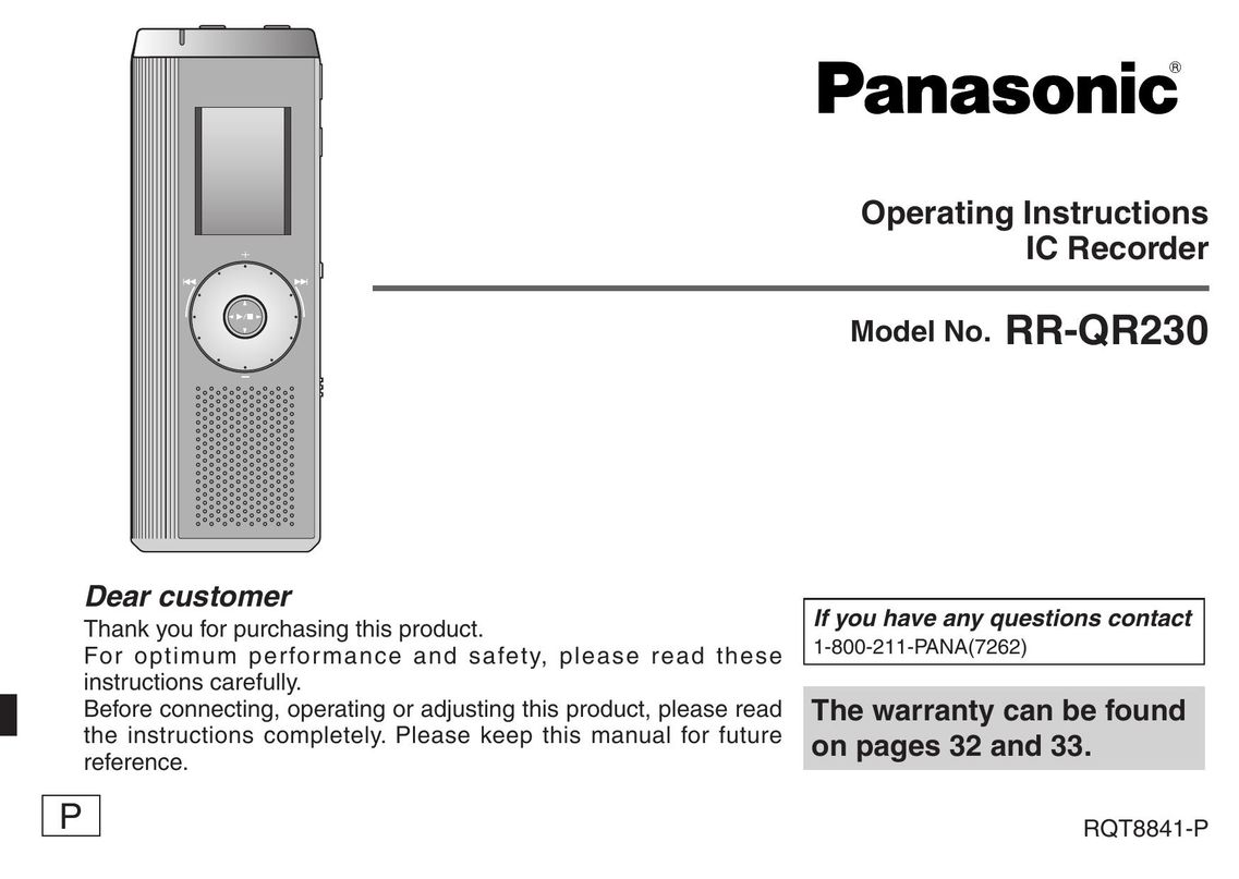 Panasonic RQT8841-P Microcassette Recorder User Manual