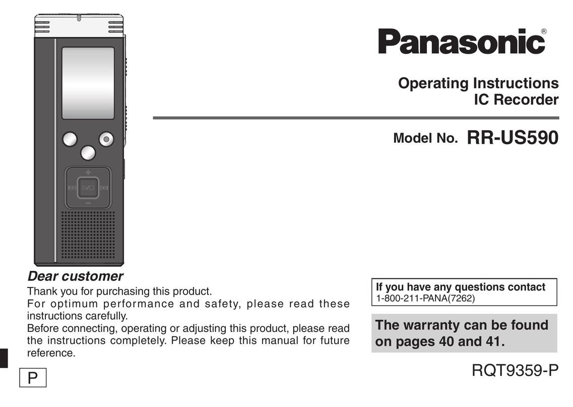 Panasonic RQT9359-P Microcassette Recorder User Manual
