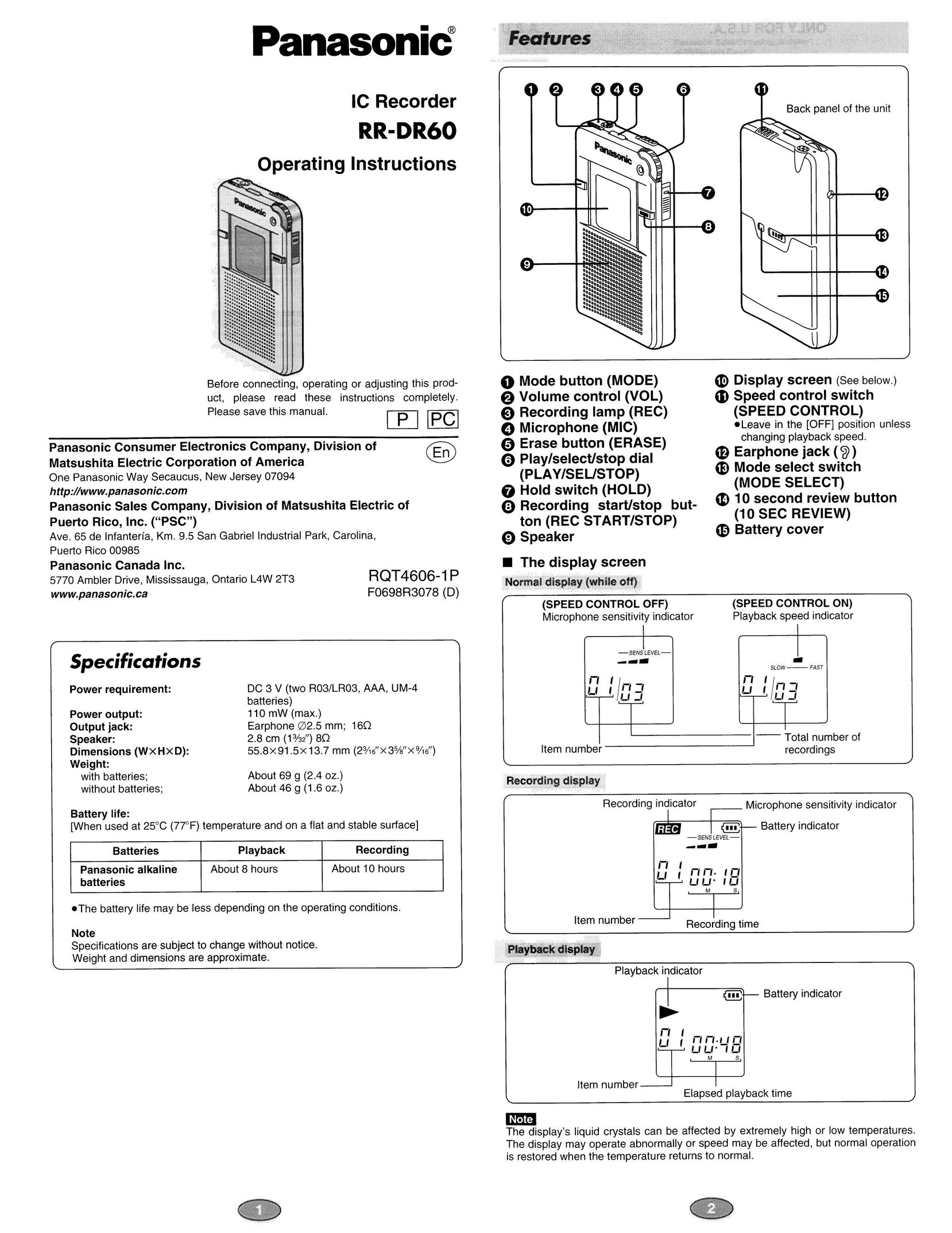 Panasonic RR-DR60 Microcassette Recorder User Manual