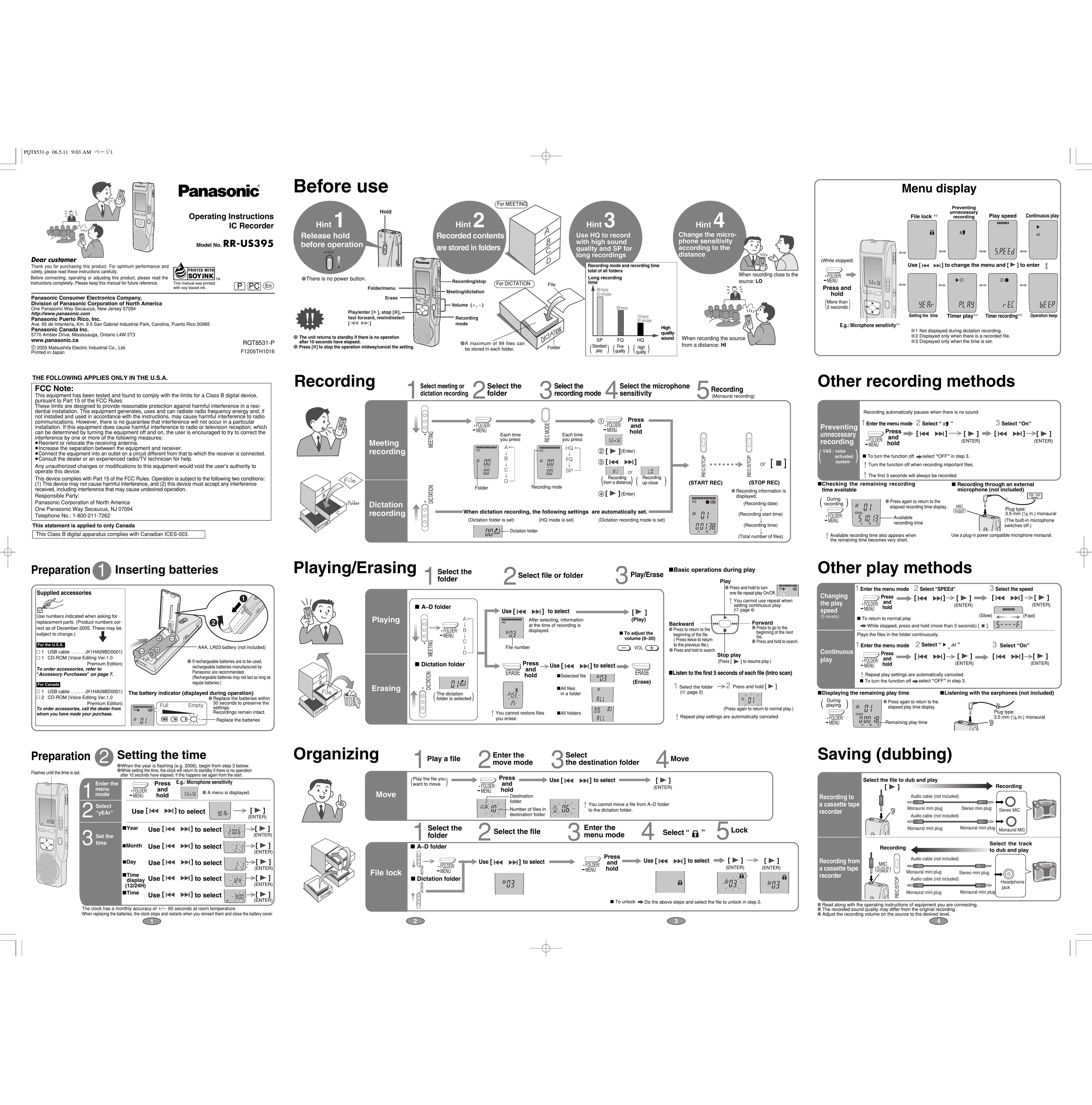 Panasonic RR-US395 Microcassette Recorder User Manual