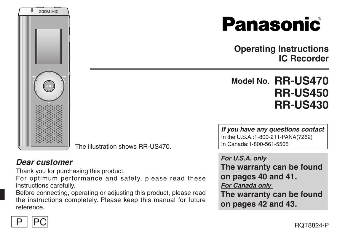 Panasonic RR-US430 Microcassette Recorder User Manual