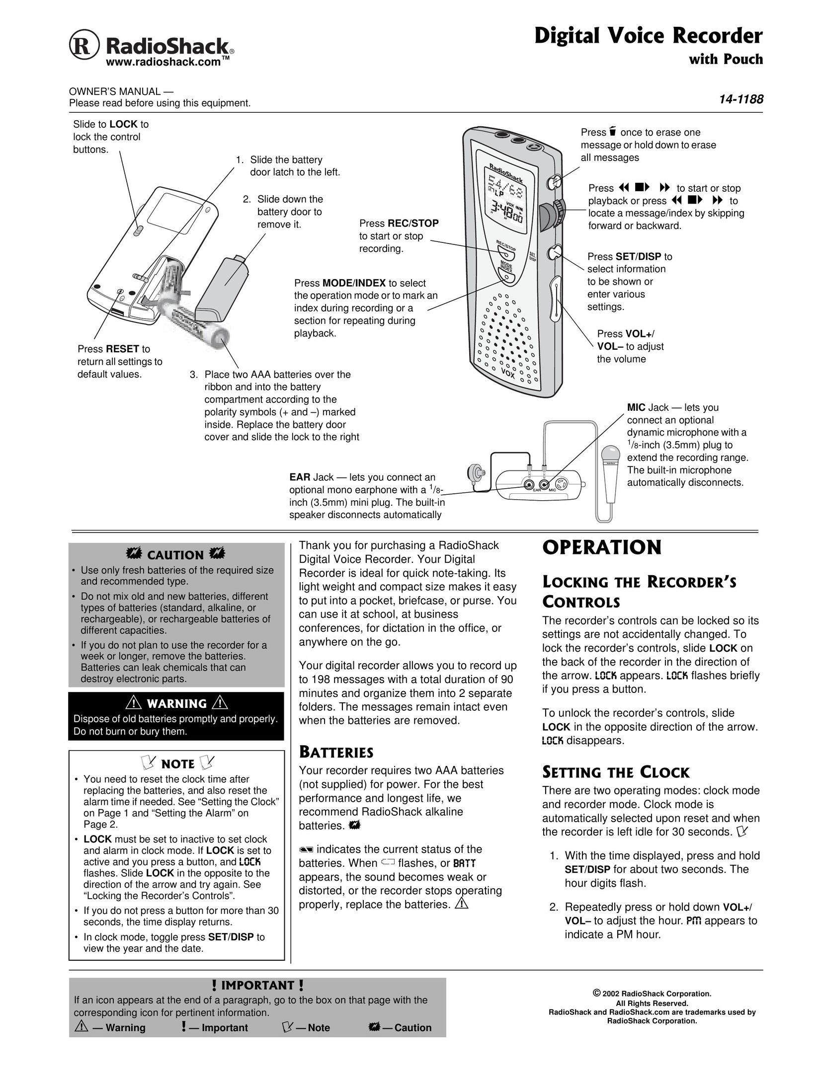Radio Shack 14-1188 Microcassette Recorder User Manual