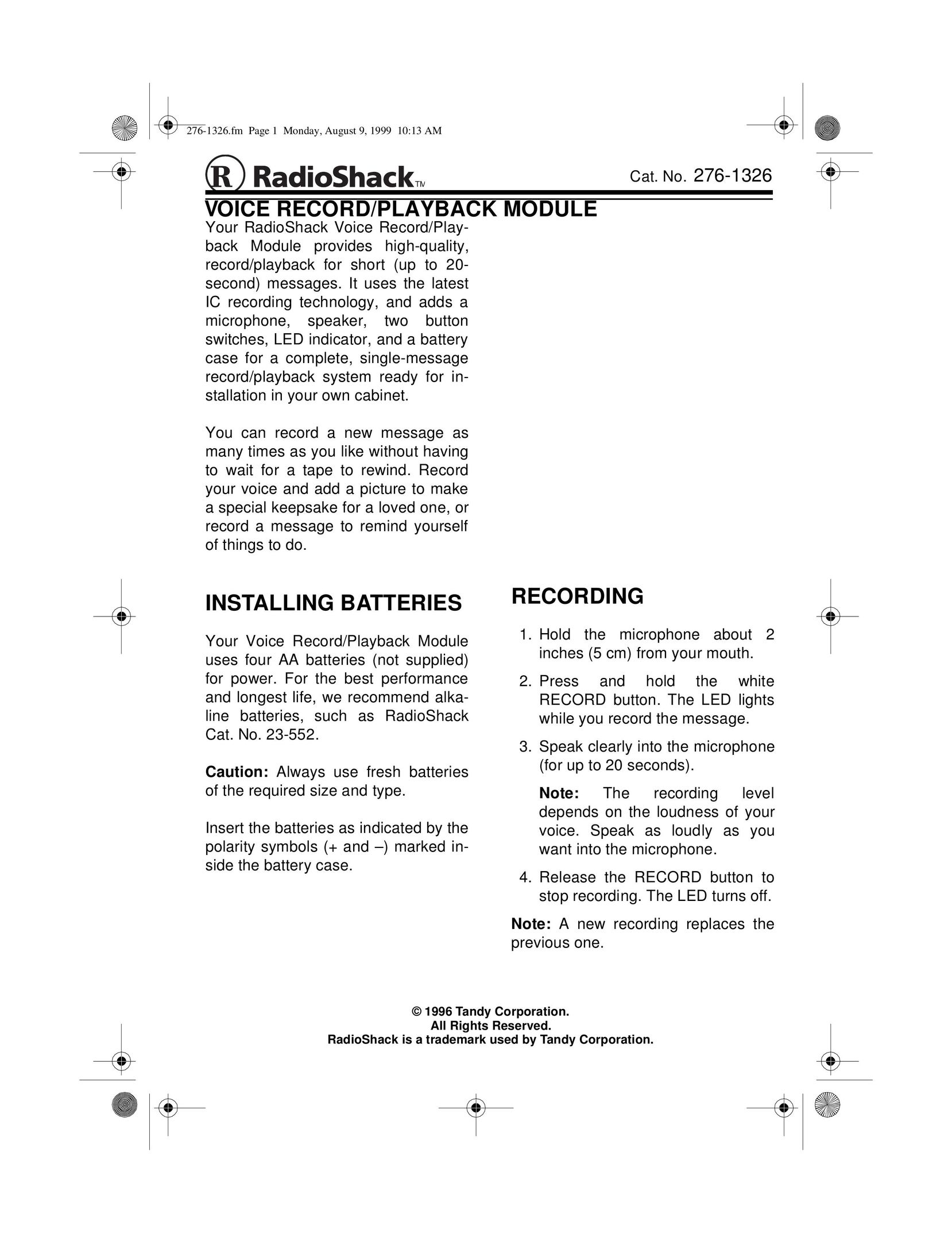 Radio Shack 276-1326 Microcassette Recorder User Manual