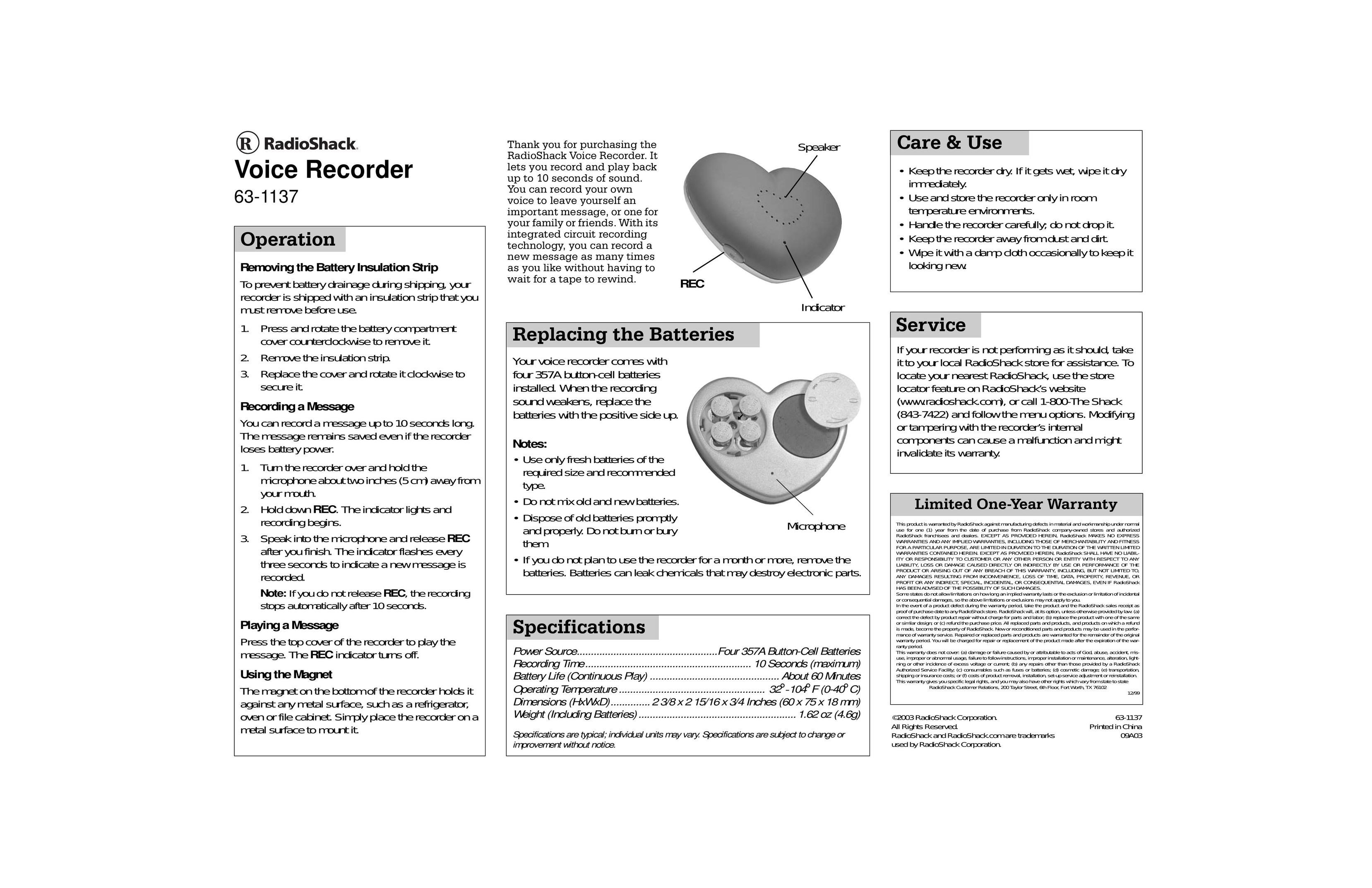 Radio Shack 63-1137 Microcassette Recorder User Manual